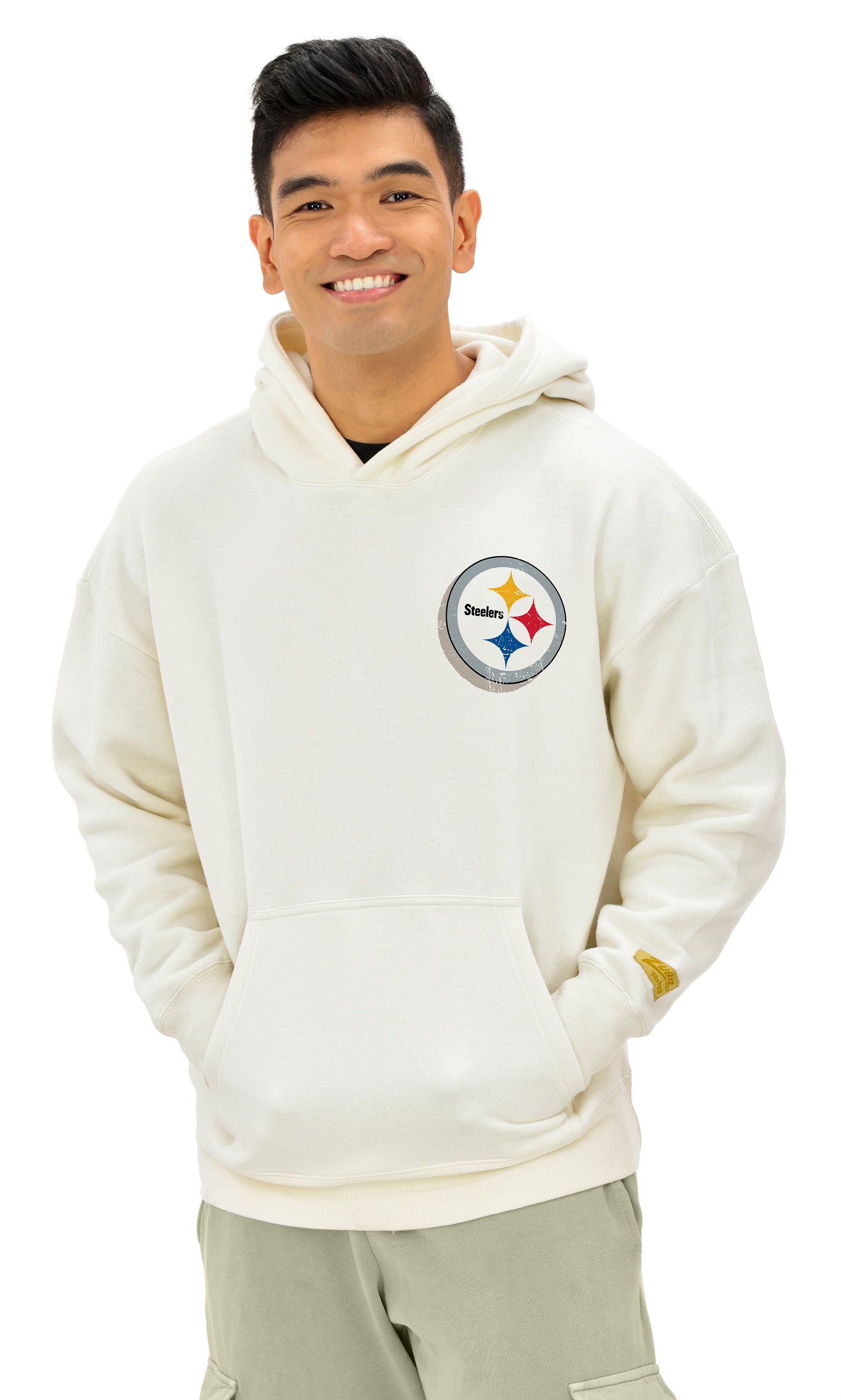 Zubaz NFL  UNISEX 90s Vintage First Down Drop Shoulder Hoodie- Off White, PITTSBURGH STEELERS - Official NFL Steelers Zubaz A