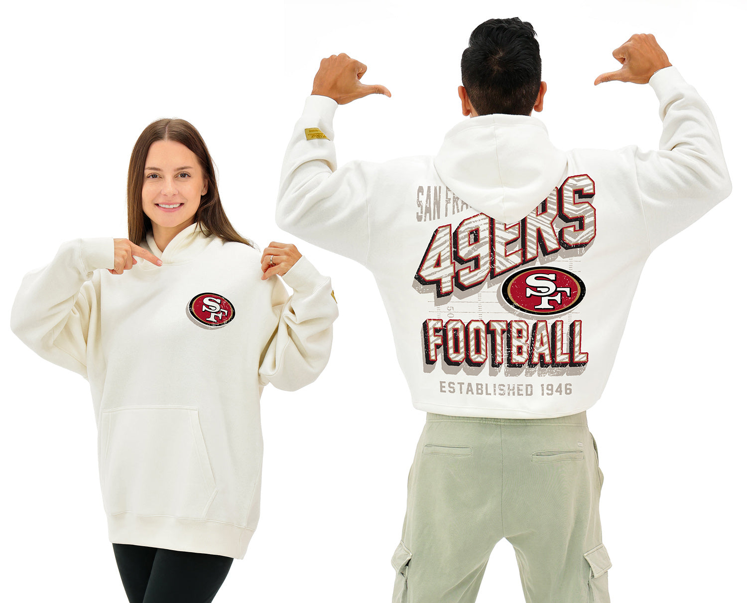 Zubaz NFL  UNISEX 90s Vintage First Down Drop Shoulder Hoodie- Off White, SAN FRANCISCO 49ERS - Official NFL 49ers Zubaz Appa