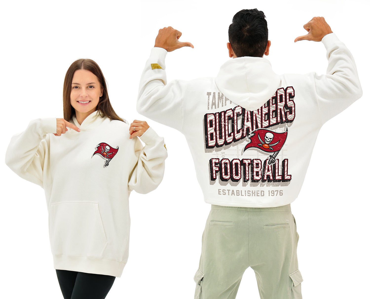 Zubaz NFL  UNISEX 90s Vintage First Down Drop Shoulder Hoodie- Off White, TAMPA BAY BUCCANEERS