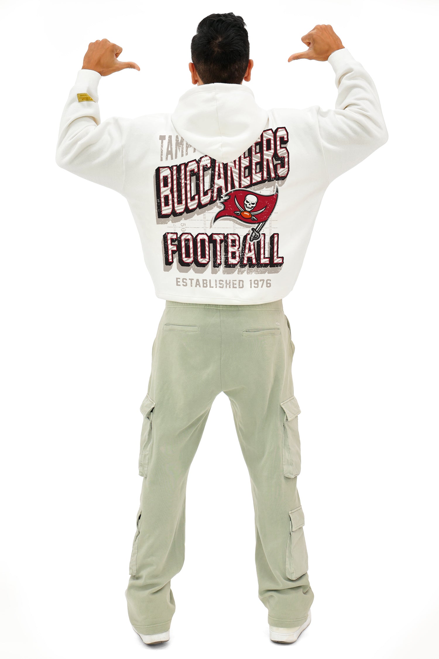 Zubaz NFL  UNISEX 90s Vintage First Down Drop Shoulder Hoodie- Off White, TAMPA BAY BUCCANEERS