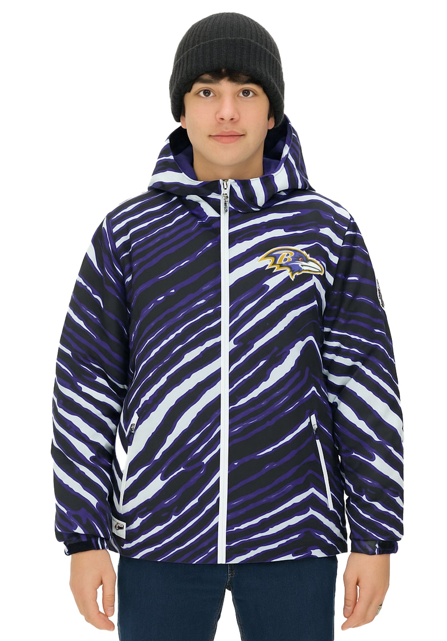 Zubaz NFL Kids Unisex Zebra Team Color Bleacher Blazer Jr Snow Jacket, Baltimore Ravens