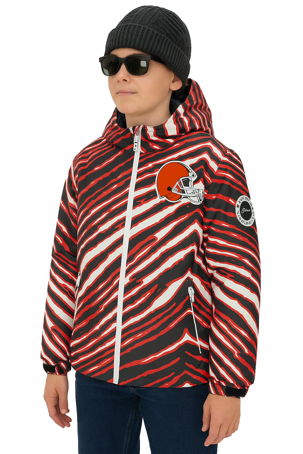 Zubaz NFL Kids Unisex Zebra Team Color Bleacher Blazer Jr Snow Jacket, Cleveland Browns