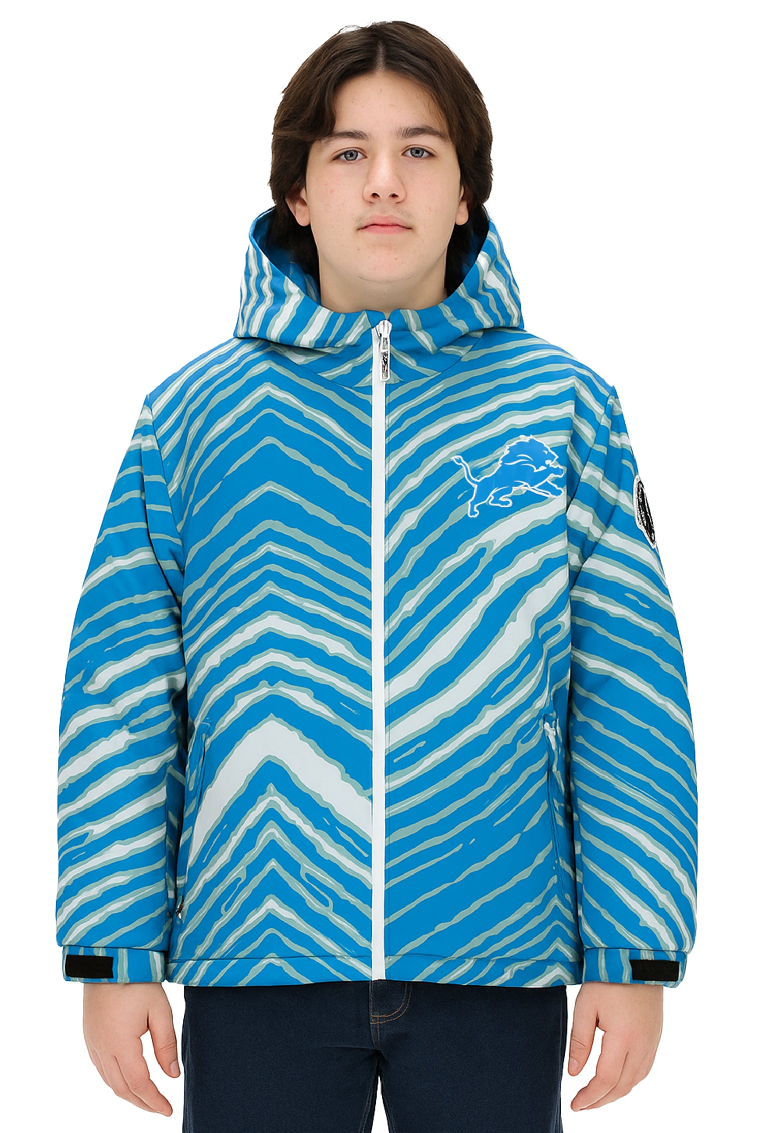 Zubaz NFL Kids Unisex Zebra Team Color Bleacher Blazer Jr Snow Jacket, Detroit Lions
