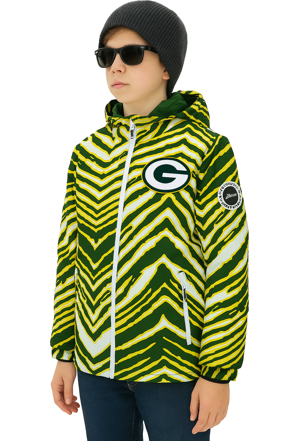 Zubaz NFL Kids Unisex Zebra Team Color Bleacher Blazer Jr Snow Jacket, Green Bay Packers