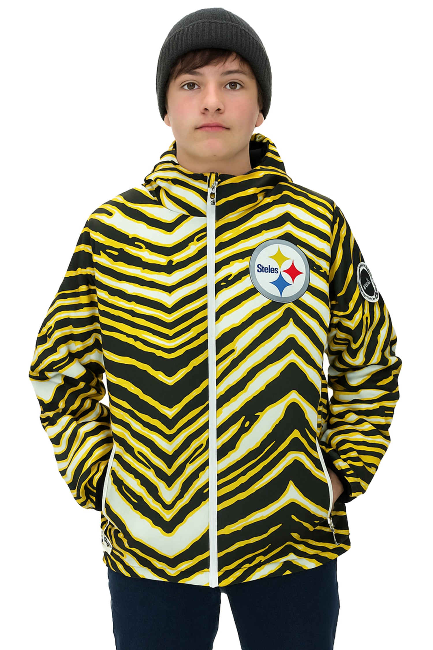 Zubaz NFL Kids Unisex Zebra Team Color Bleacher Blazer Jr Snow Jacket, Pittsburgh Steelers