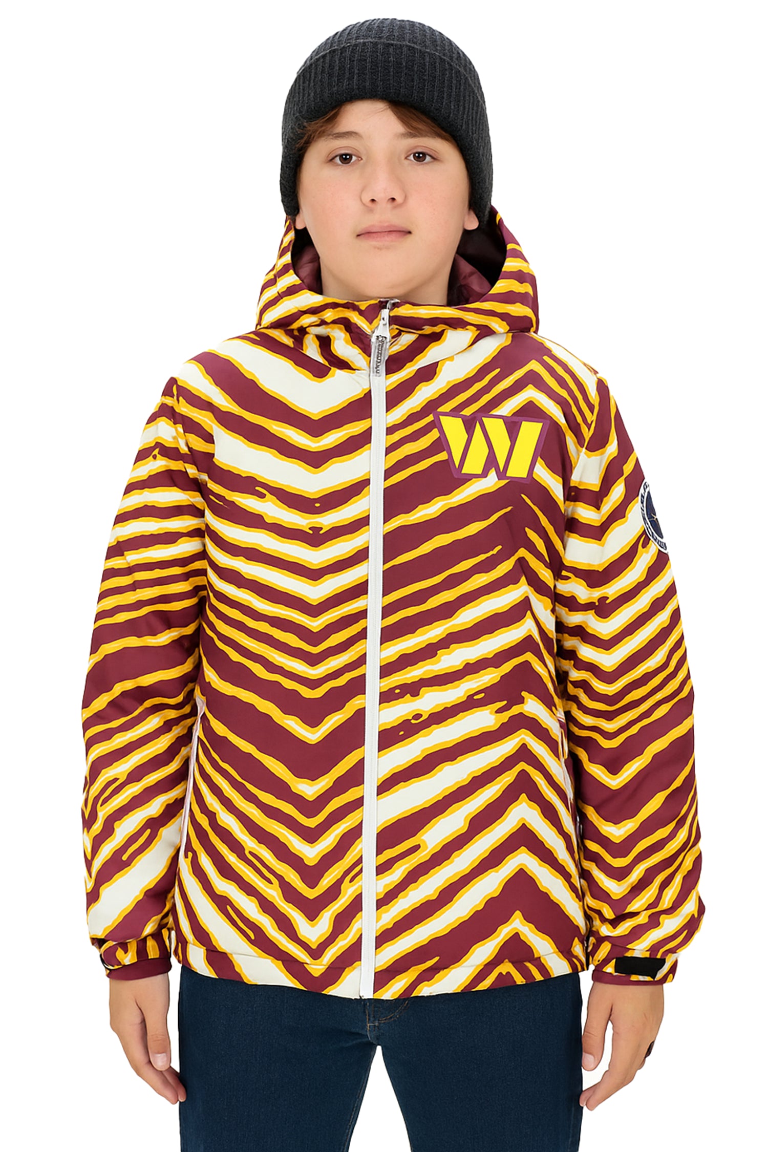 Zubaz NFL Kids Unisex Zebra Team Color Bleacher Blazer Jr Snow Jacket, Washington Commanders