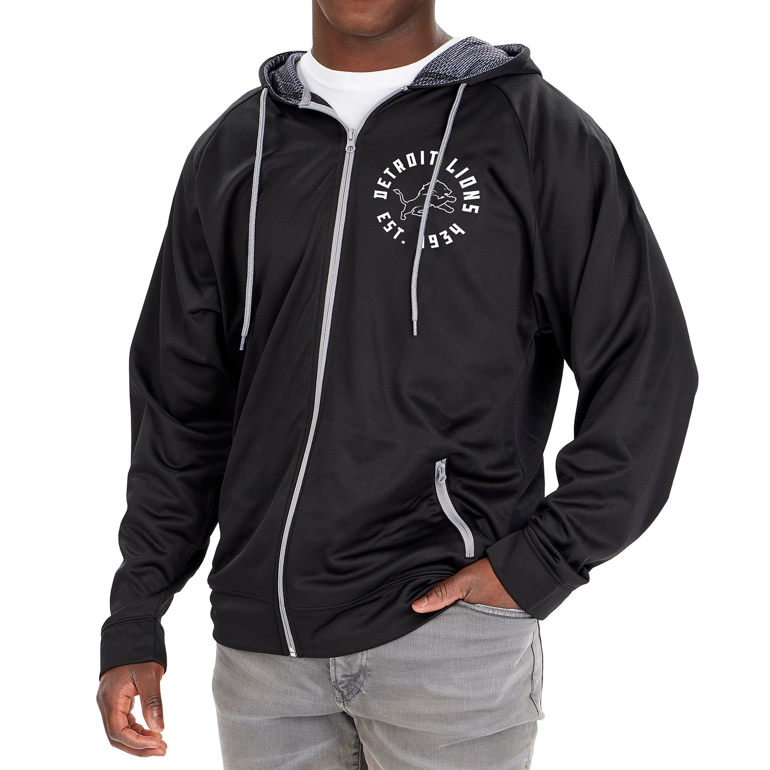 Zubaz NFL   Men's Established Viper Hood Liner Full Zip Raglan Hoodie, DETROIT LIONS