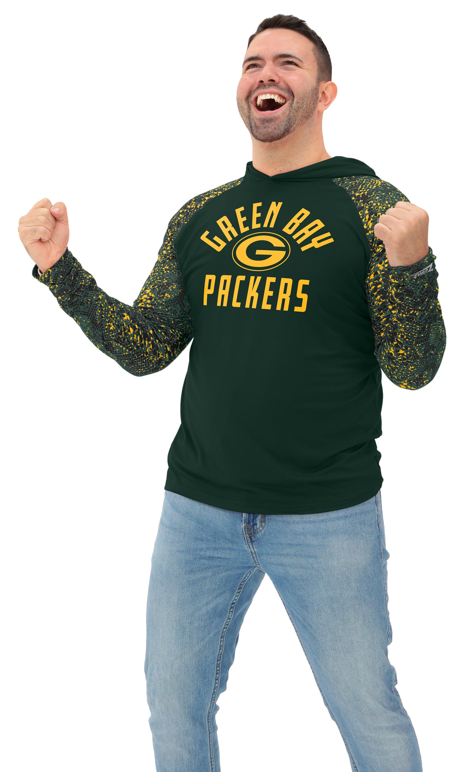 Zubaz NFL  Men's Formation Post Sleeves Lightweight Hoodie, GREEN BAY PACKERS