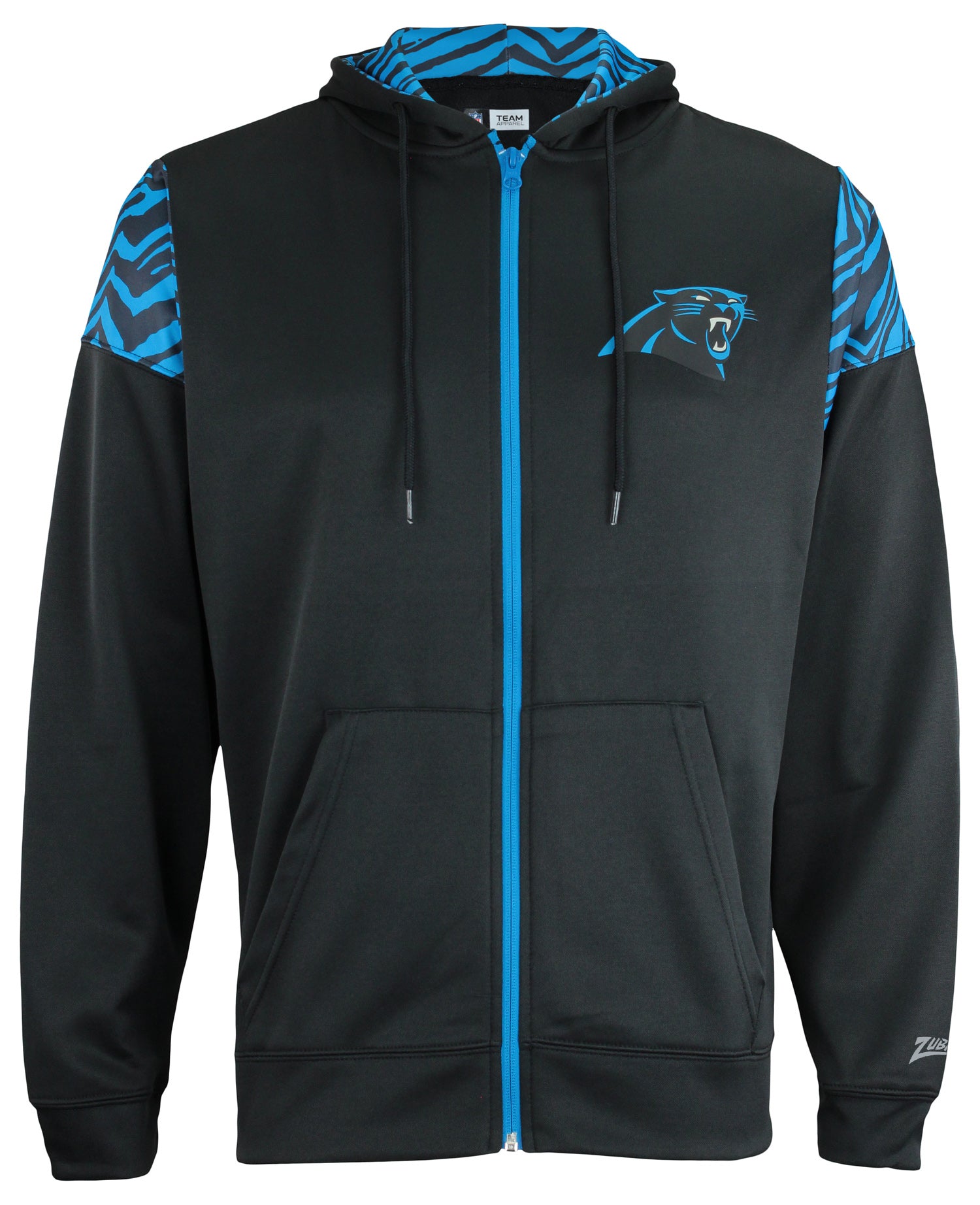 Zubaz NFL   Men's Logo 2 Color Zebra Bands and Hood Liner Full Zip Hoodie, CAROLINA PANTHERS