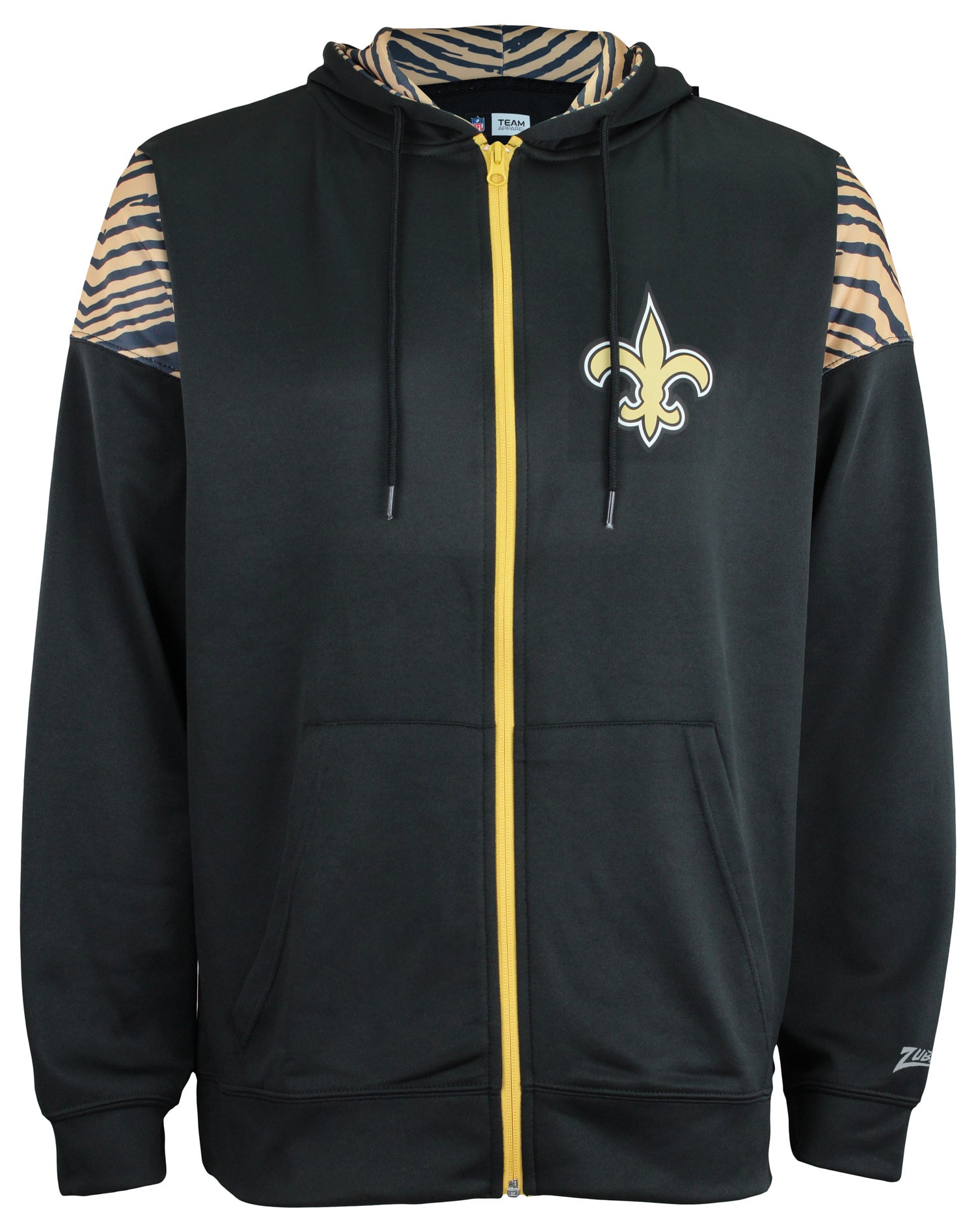 Zubaz NFL   Men's Logo 2 Color Zebra Bands and Hood Liner Full Zip Hoodie, NEW ORLEANS SAINTS
