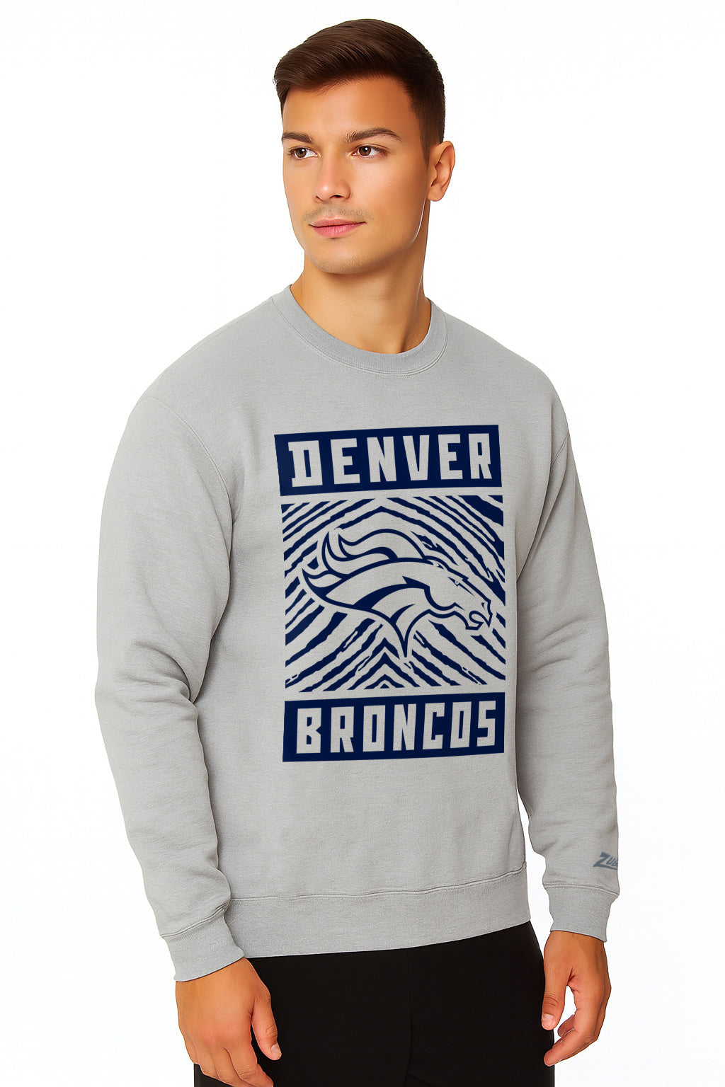 Zubaz NFL Denver Broncos Men's Gridiron Zebra 2 Color Heather Gray Crewneck Sweatshirt