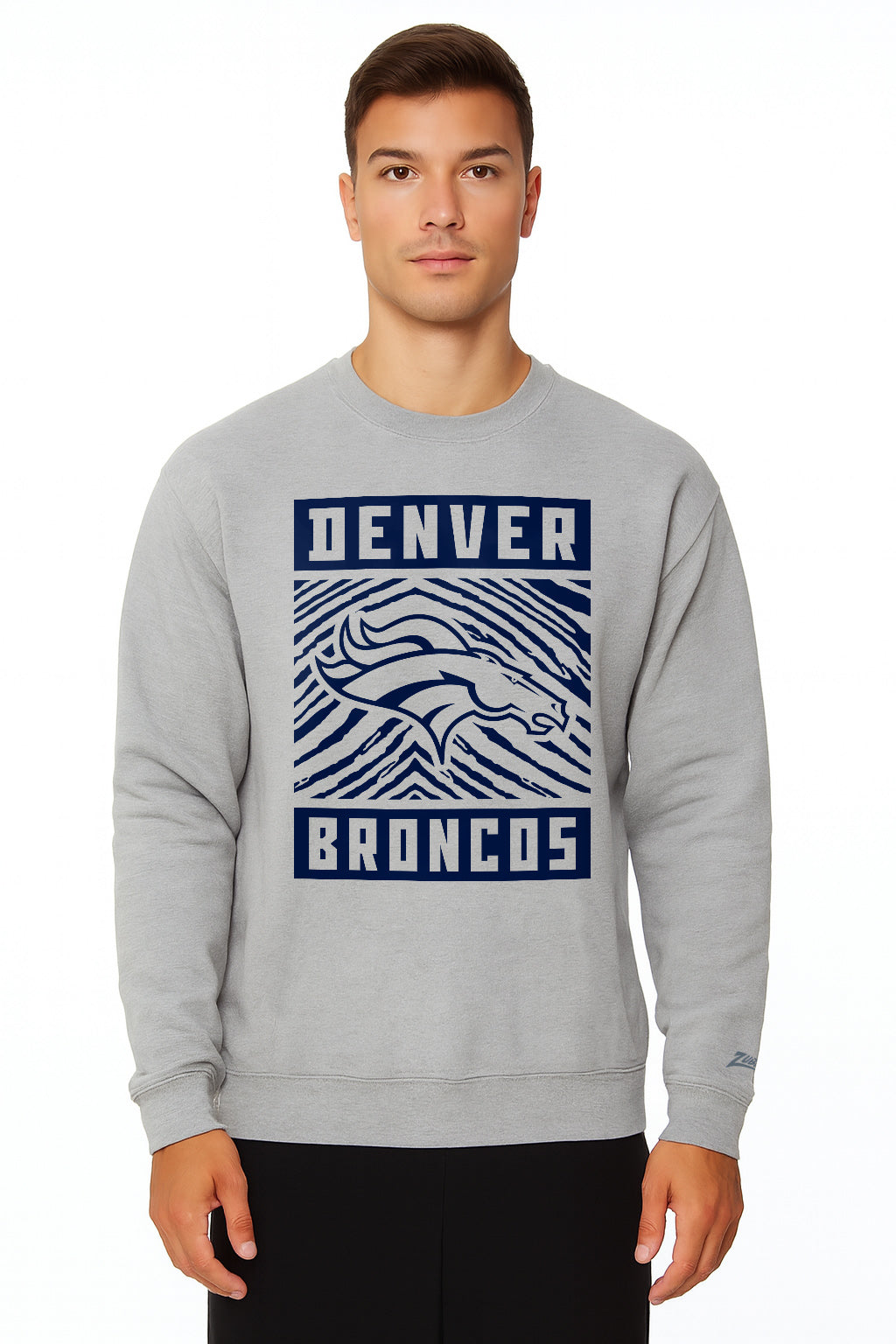 Zubaz NFL Denver Broncos Men's Gridiron Zebra 2 Color Heather Gray Crewneck Sweatshirt
