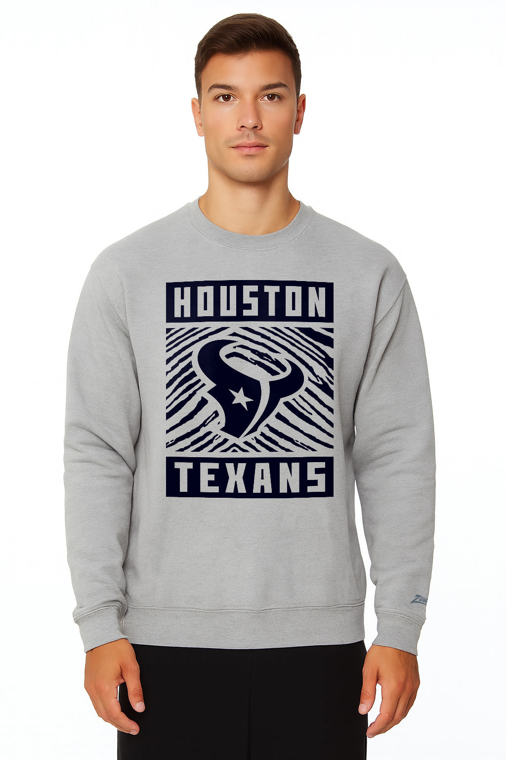 Zubaz NFL Houston Texans Men's Gridiron Zebra 2 Color Heather Gray Crewneck Sweatshirt