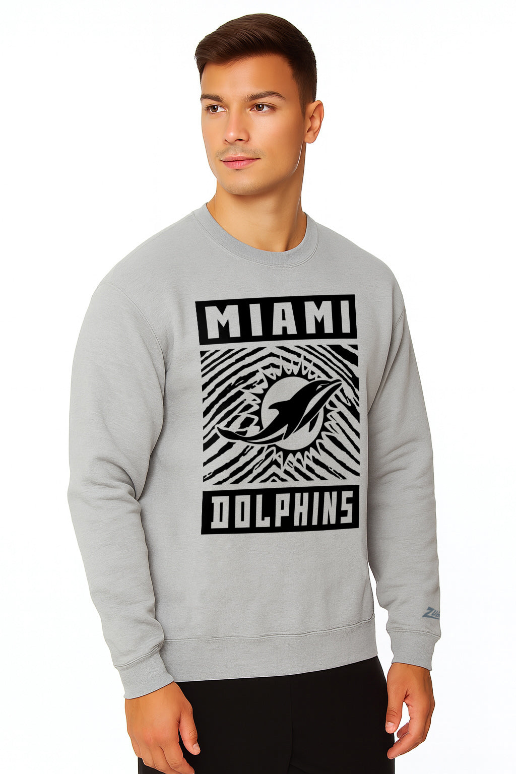 Zubaz NFL Miami Dolphins Men's Gridiron Zebra 2 Color Heather Gray Crewneck Sweatshirt