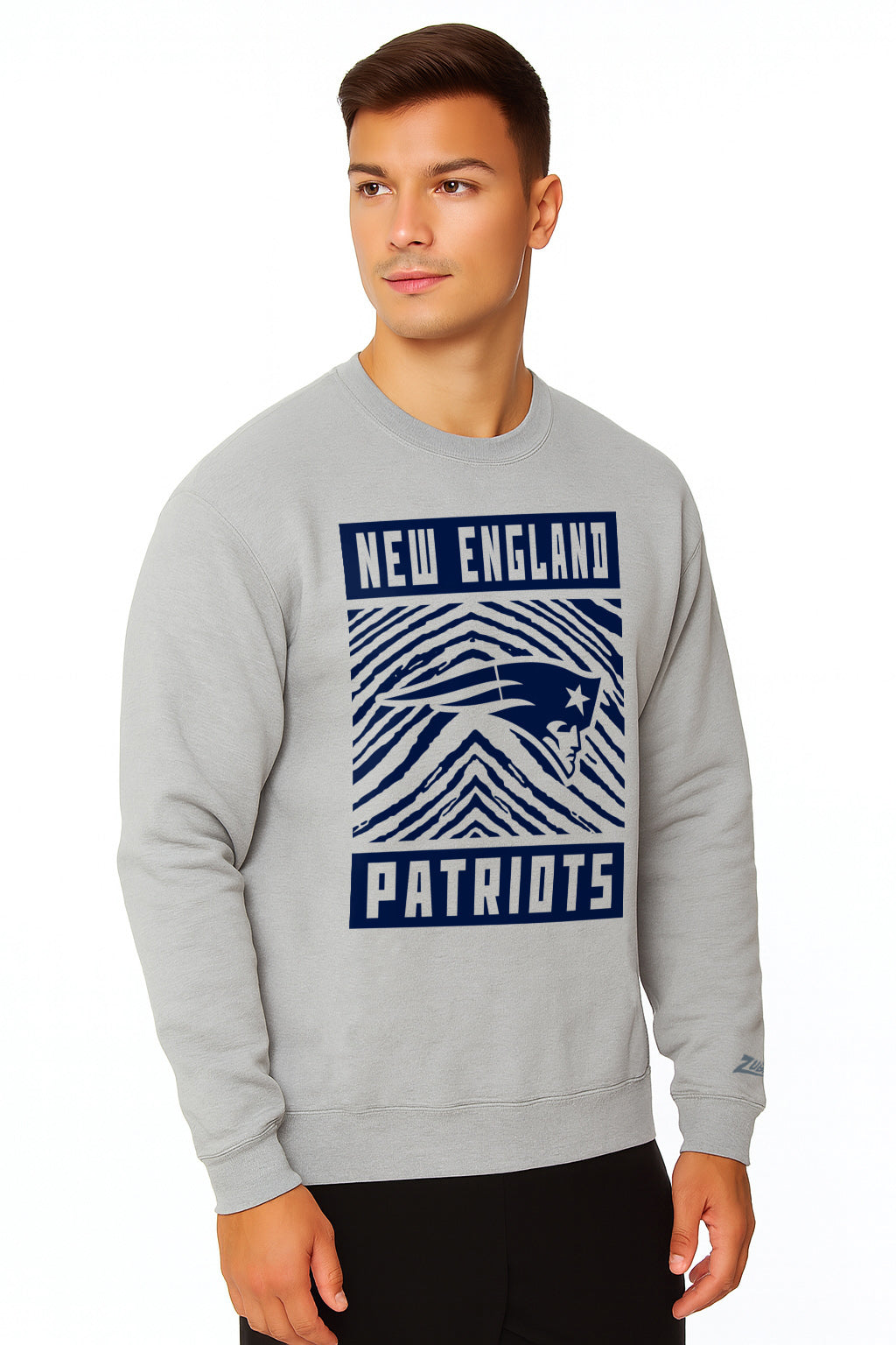 Zubaz NFL New England Patriots Men's Gridiron Zebra 2 Color Heather Gray Crewneck Sweatshirt