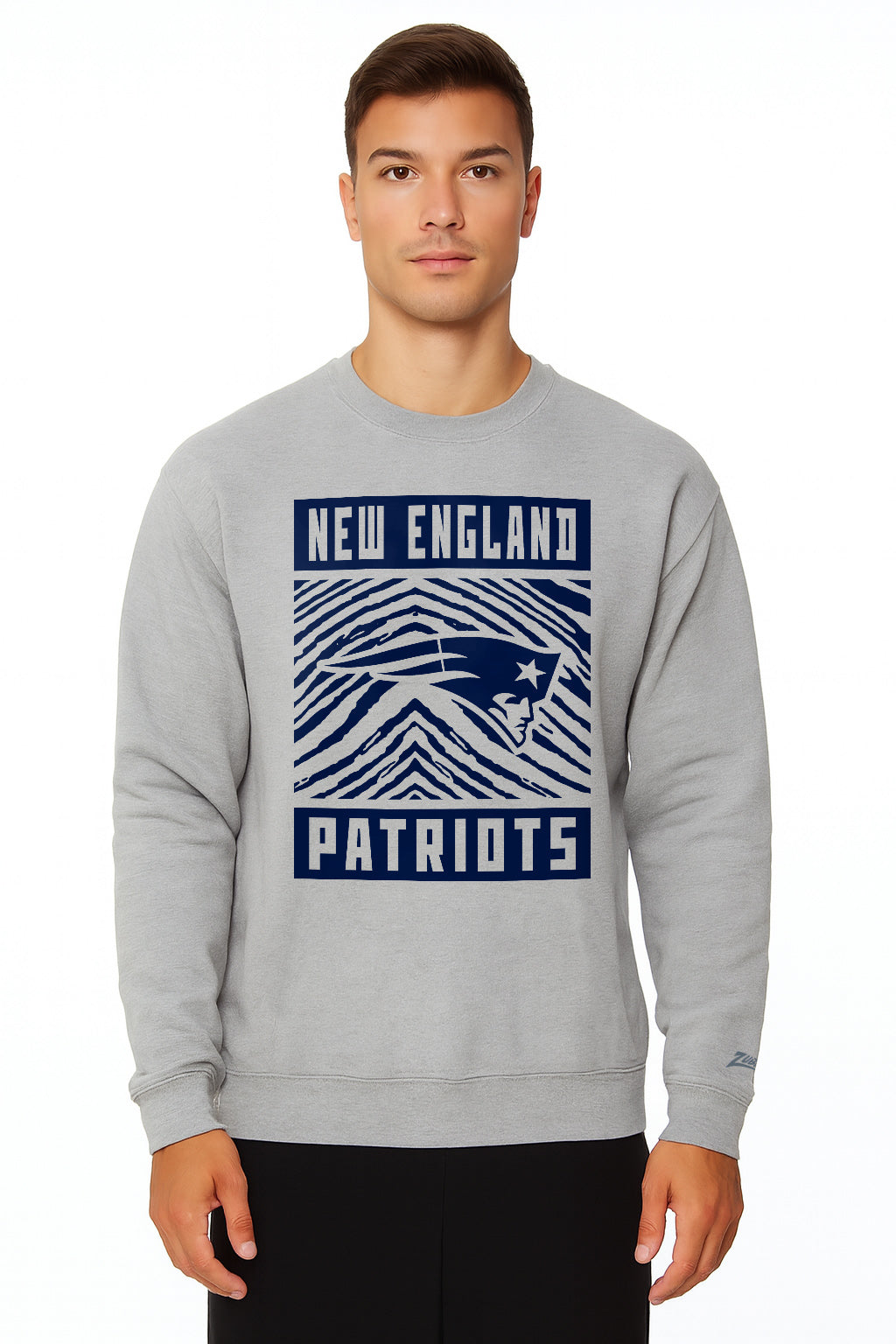 Zubaz NFL New England Patriots Men's Gridiron Zebra 2 Color Heather Gray Crewneck Sweatshirt