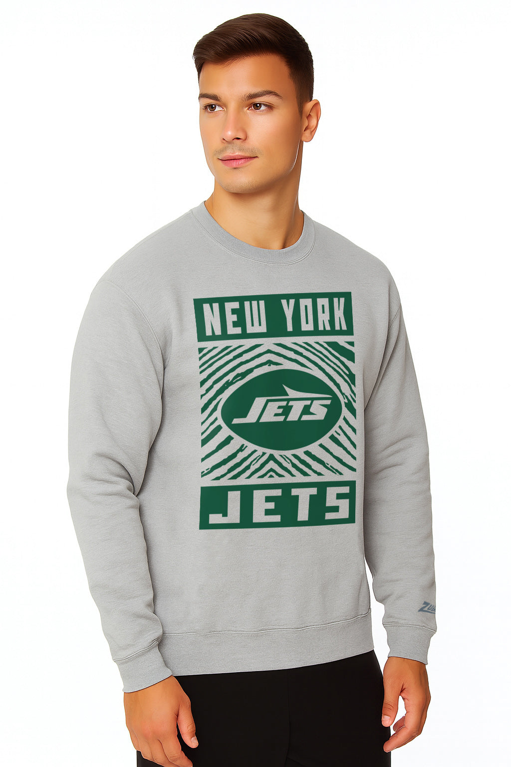 Zubaz NFL New York Jets Men's Gridiron Zebra 2 Color Heather Gray Crewneck Sweatshirt