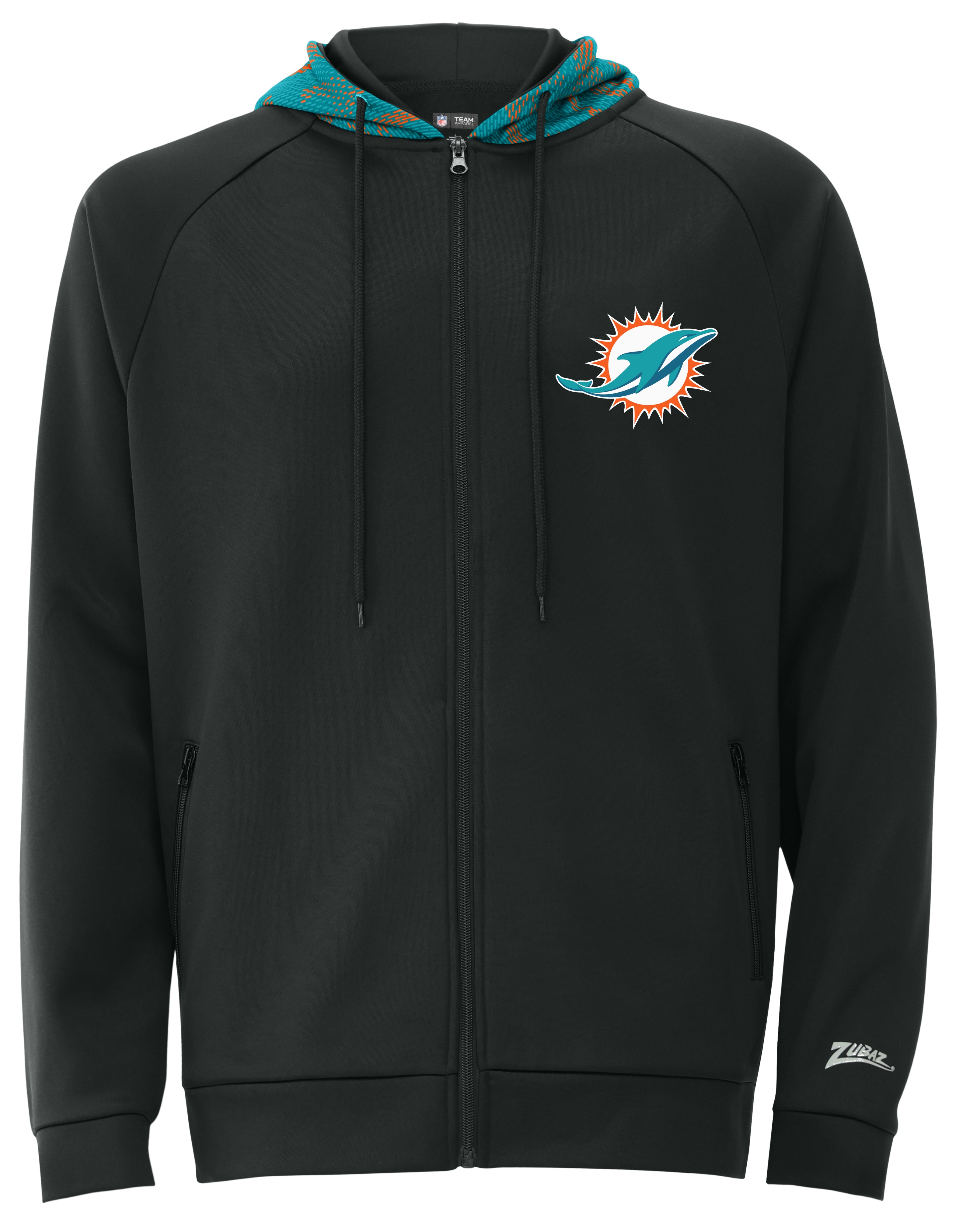 Zubaz NFL   Men's Raglan Viper Hood Liner Full Zip Hoodie, MIAMI DOLPHINS