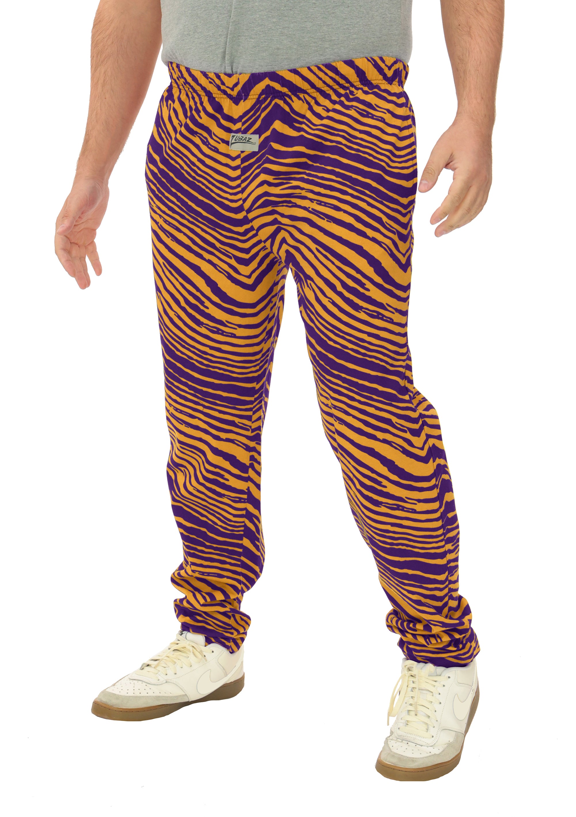 Zubaz Adult Unisex Z88 2 Color Zebra Pants, Purple/Yellow
