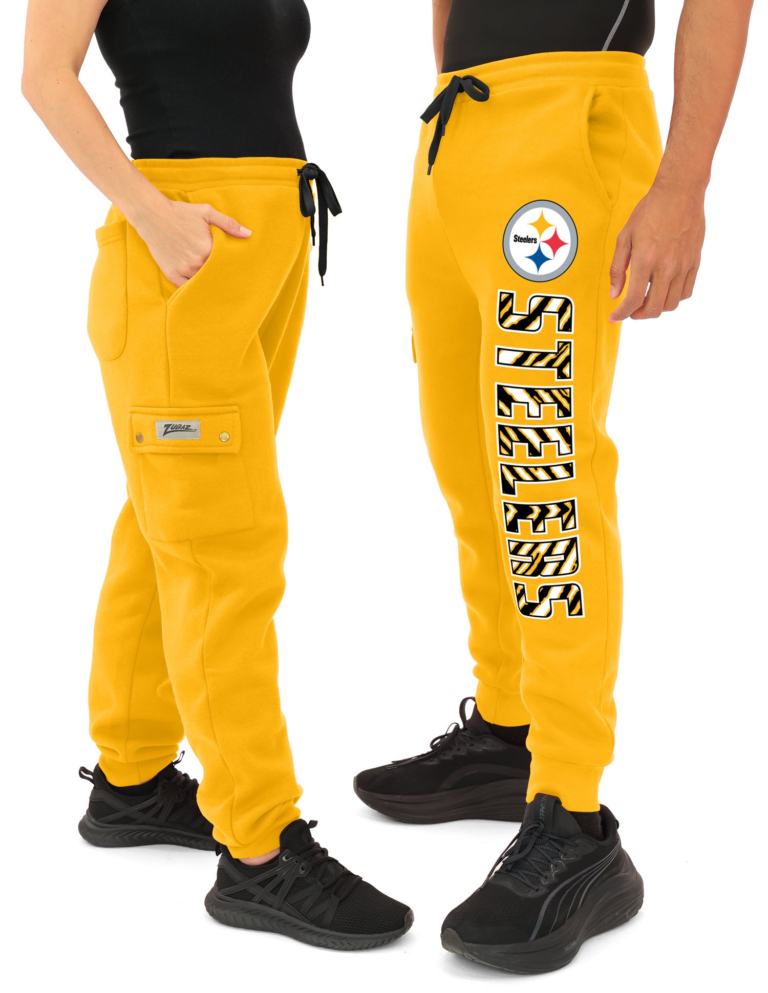 Zubaz NFL  UNISEX 90s Team Cargo Joggers ALT team color Upright logo Zebra 3 color with Team name and Logo, PITTSBURGH STEELERS