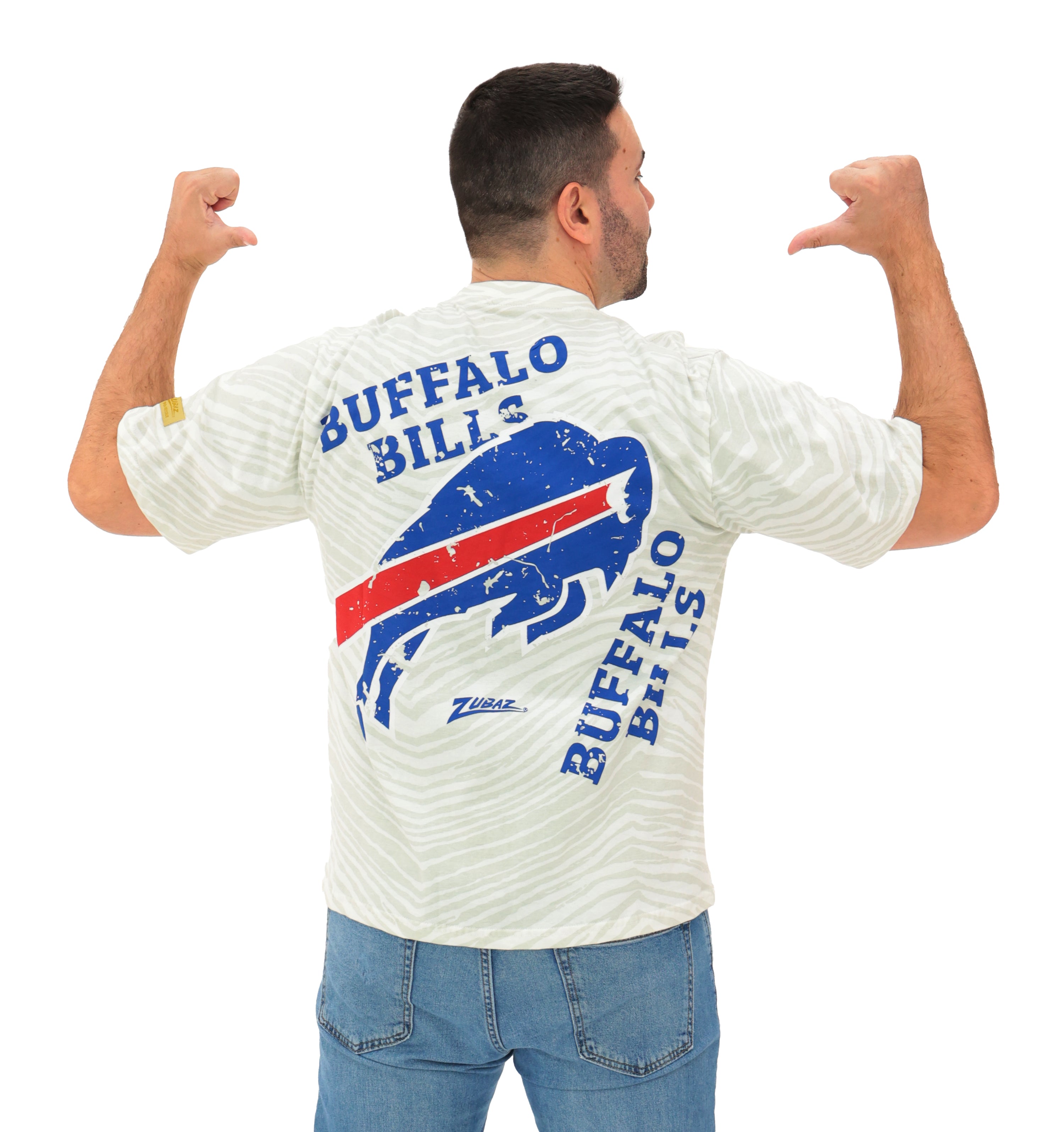 Zubaz NFL Unisex Adult Vintage 90s Full Back Zebra 2 Color Tonal All Over Short Sleeve T-Shirt, Buffalo Bills