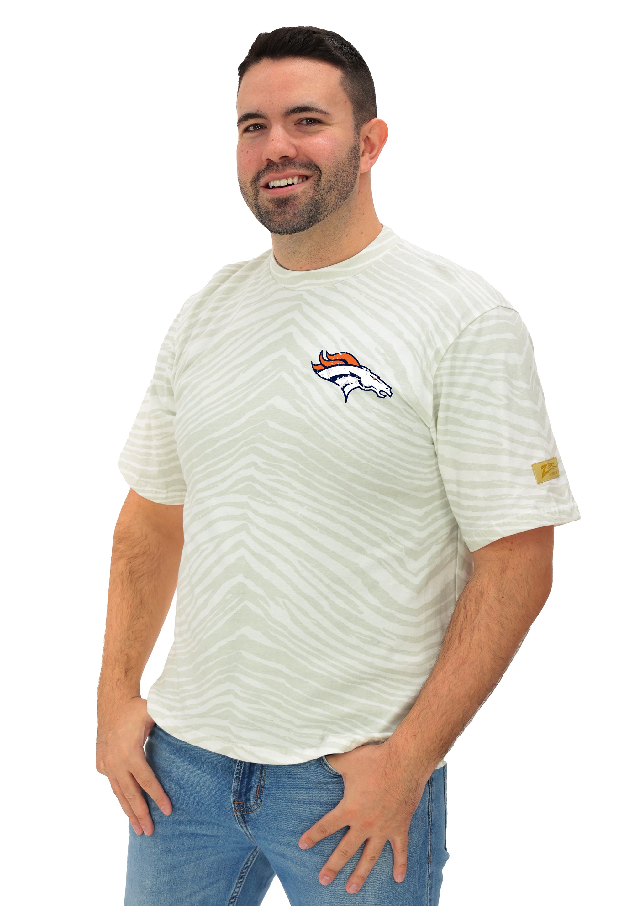 Zubaz NFL Unisex Adult Vintage 90s Full Back Zebra 2 Color Tonal All Over Short Sleeve T-Shirt, Denver Broncos - Official NFL