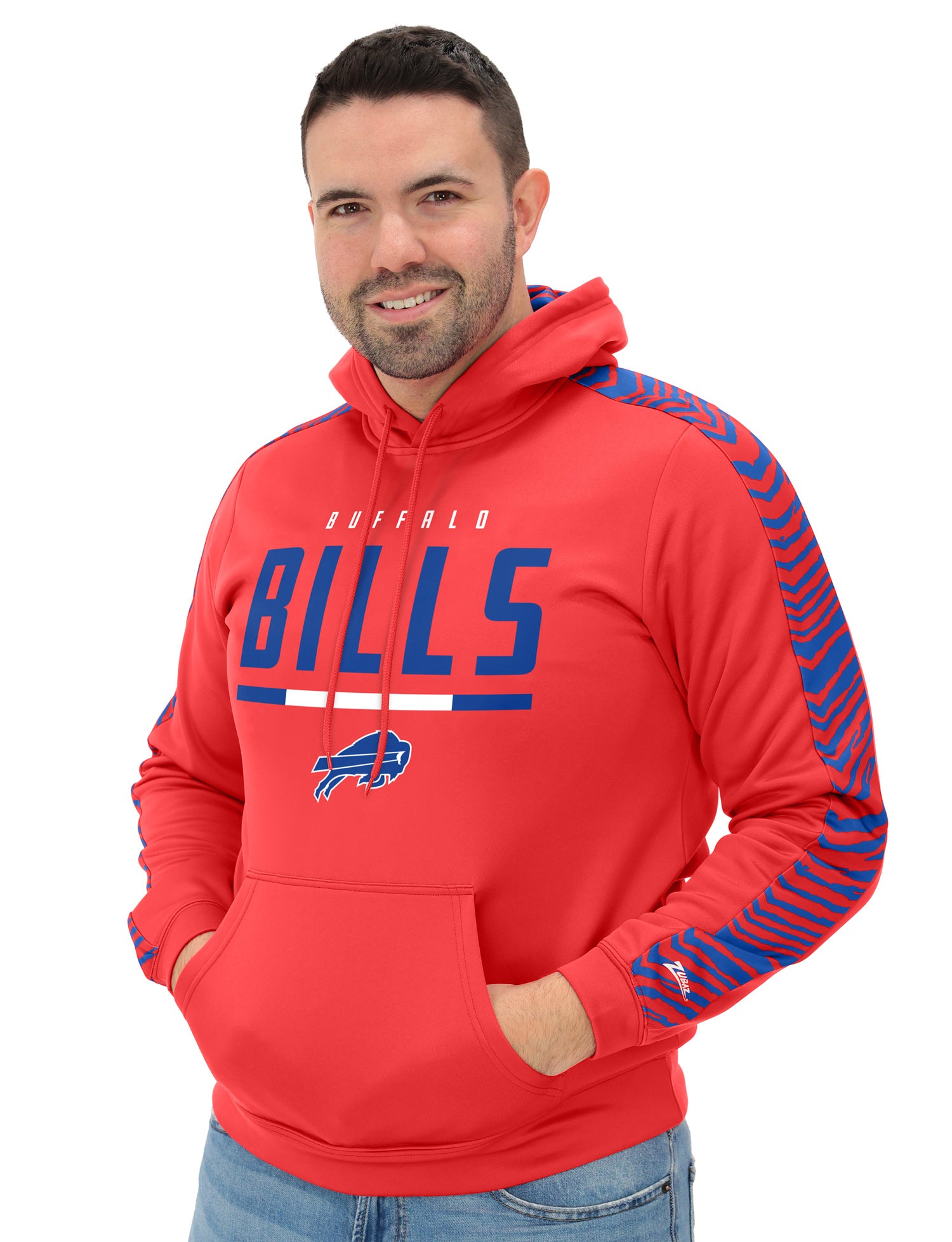 Zubaz NFL   Men's Linebacker Alternate Color 2 Color Zebra Sleeve Panel Hoodie, BUFFALO BILLS