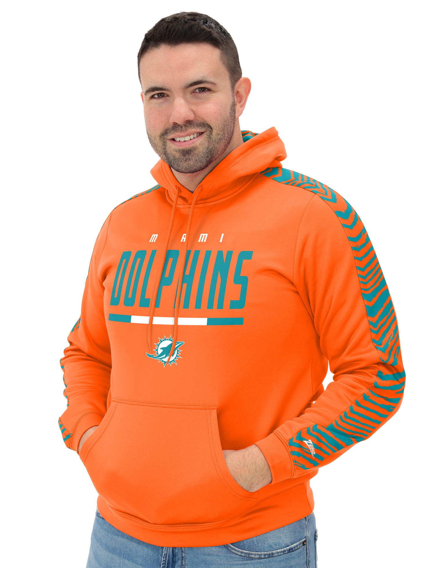 Zubaz NFL   Men's Linebacker Alternate Color 2 Color Zebra Sleeve Panel Hoodie, MIAMI DOLPHINS