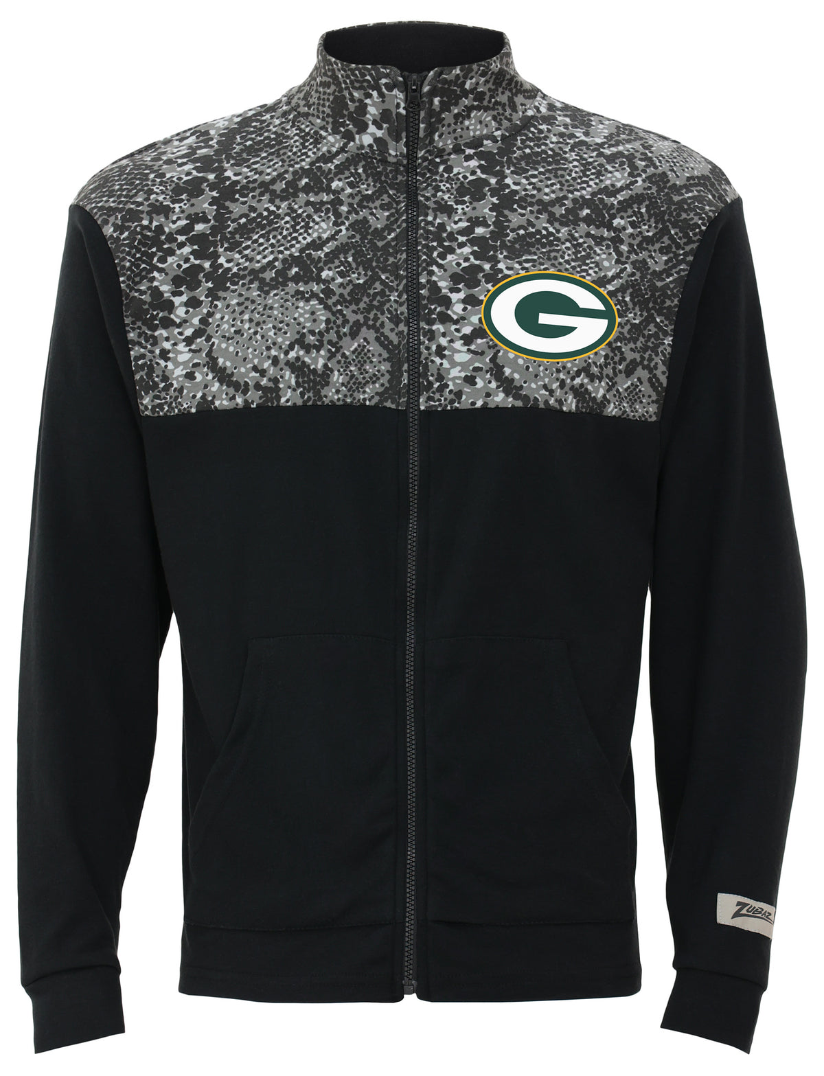 Zubaz NFL Men's Post Black Tonal Long Sleeve Full Zip Fleece - Green Bay Packers