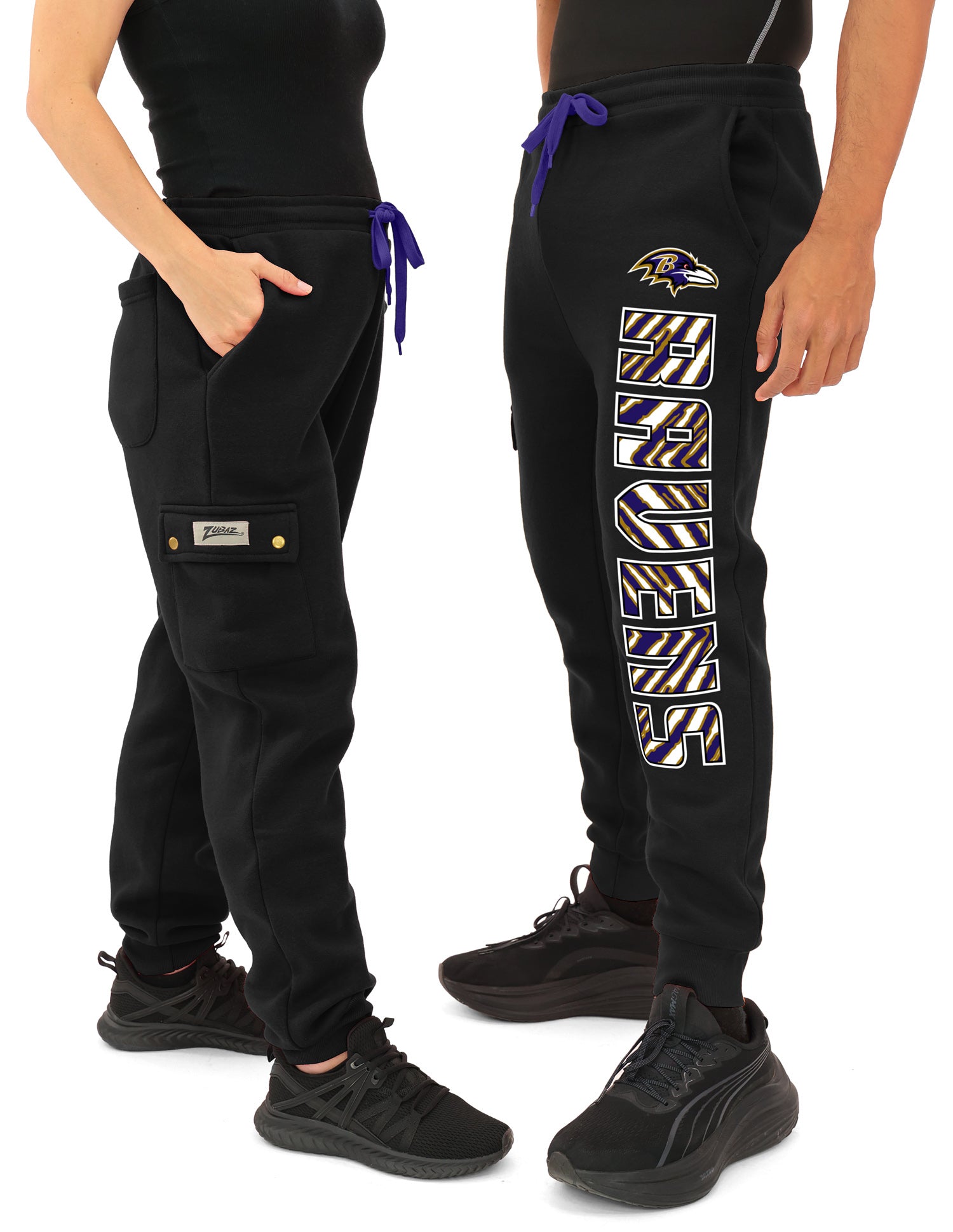 Zubaz NFL  UNISEX 90s Team Cargo Joggers ALT team color Upright logo Zebra 3 color with Team name and Logo, BALTIMORE RAVENS