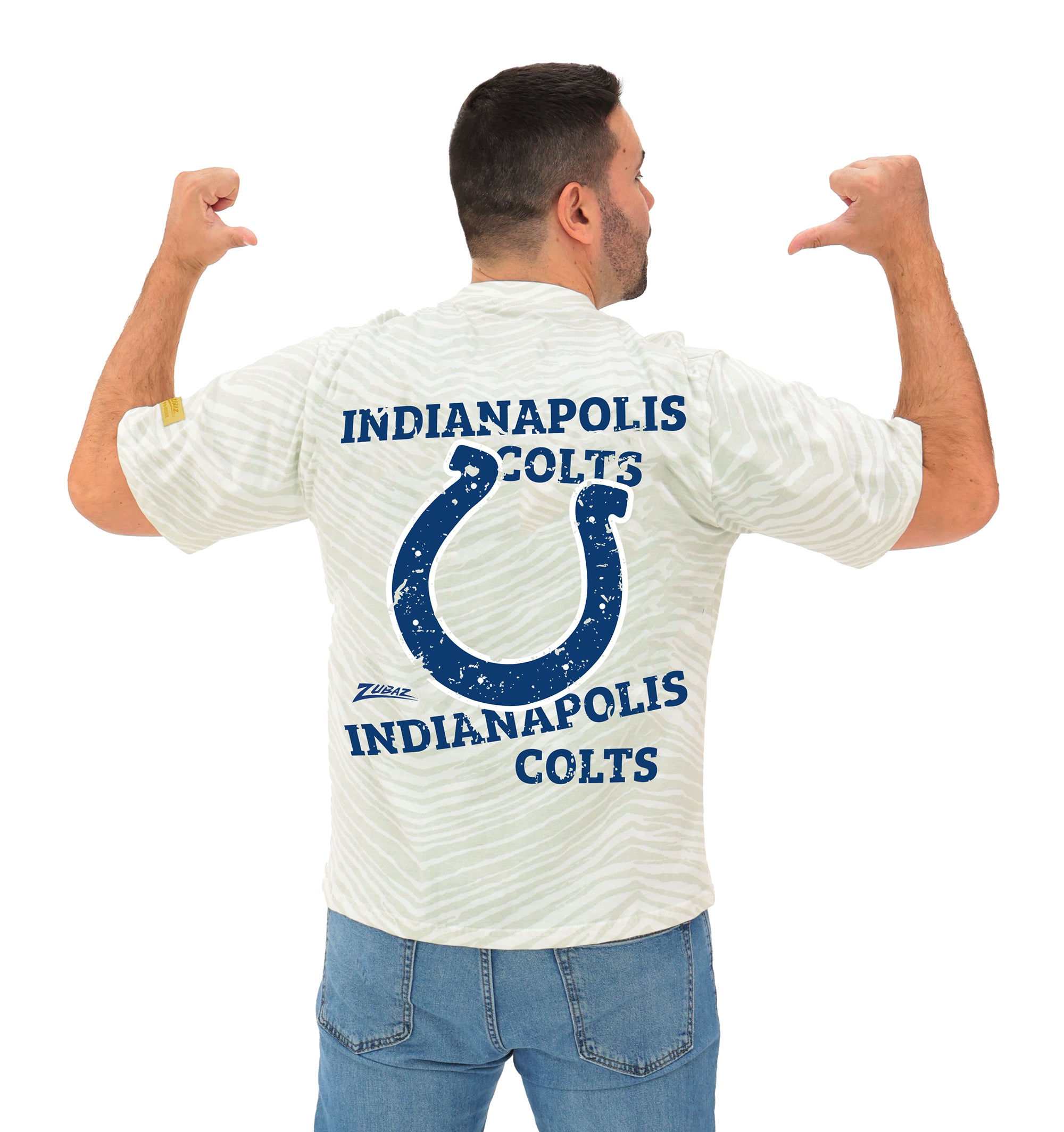 Zubaz NFL Unisex Adult Vintage 90s Full Back Zebra 2 Color Tonal All Over Short Sleeve T-Shirt, Indianapolis Colts