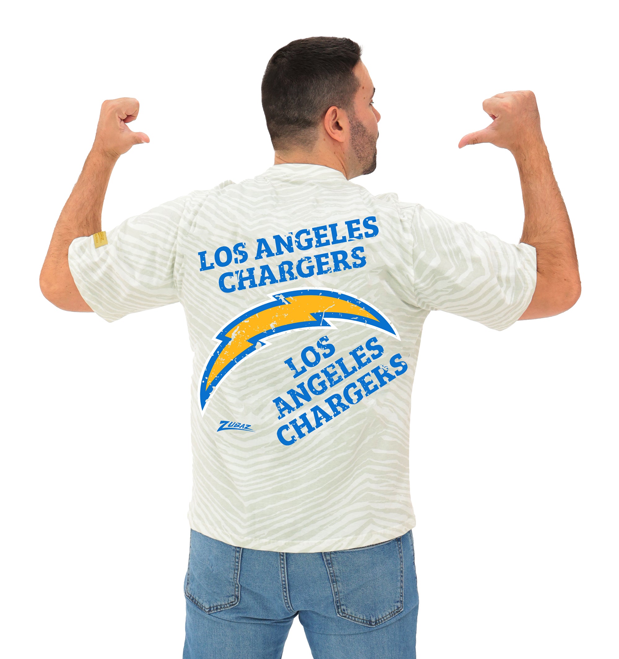 Zubaz NFL Unisex Adult Vintage 90s Full Back Zebra 2 Color Tonal All Over Short Sleeve T-Shirt, Los Angeles Chargers