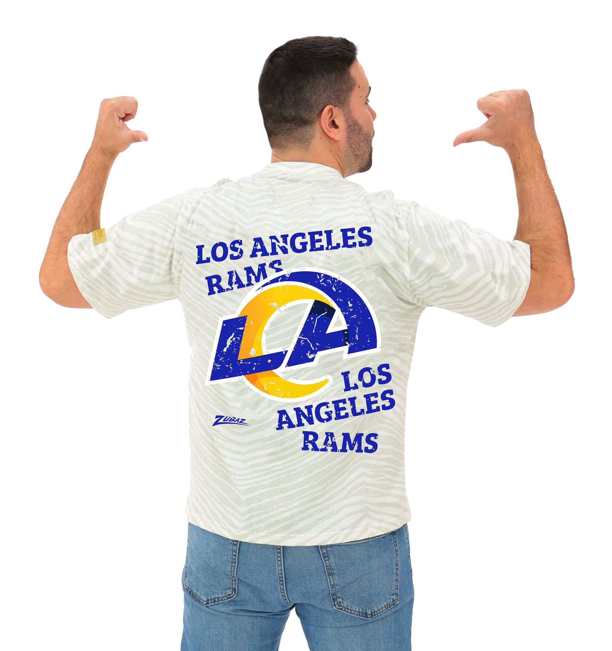 Zubaz NFL Unisex Adult Vintage 90s Full Back Zebra 2 Color Tonal All Over Short Sleeve T-Shirt, Los Angeles Rams