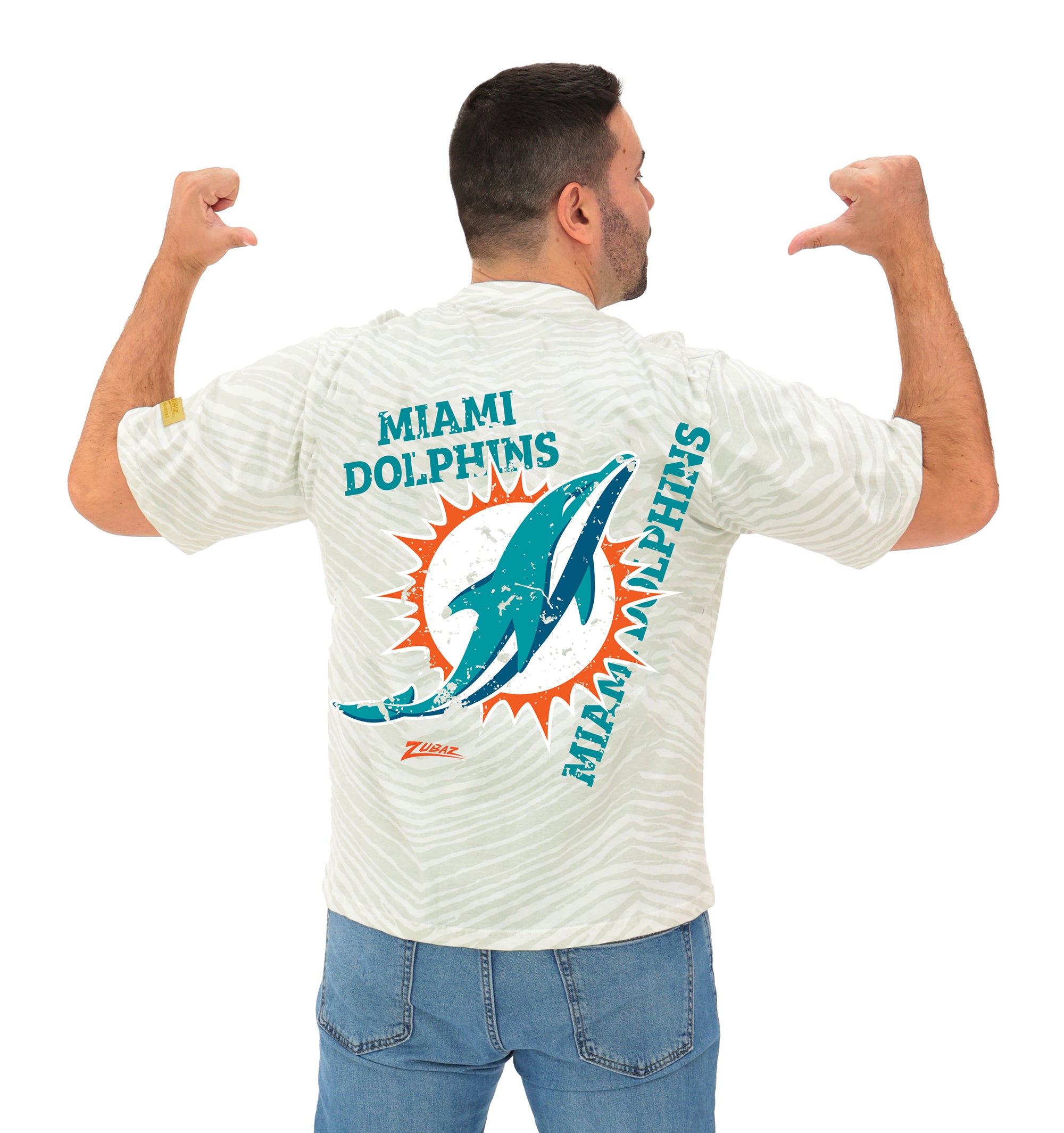 Zubaz NFL Unisex Adult Vintage 90s Full Back Zebra 2 Color Tonal All Over Short Sleeve T-Shirt, Miami Dolphins