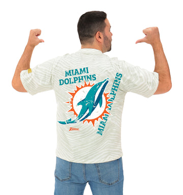 Zubaz NFL Unisex Adult Vintage 90s Full Back Zebra 2 Color Tonal All Over Short Sleeve T-Shirt, Miami Dolphins, X-Small