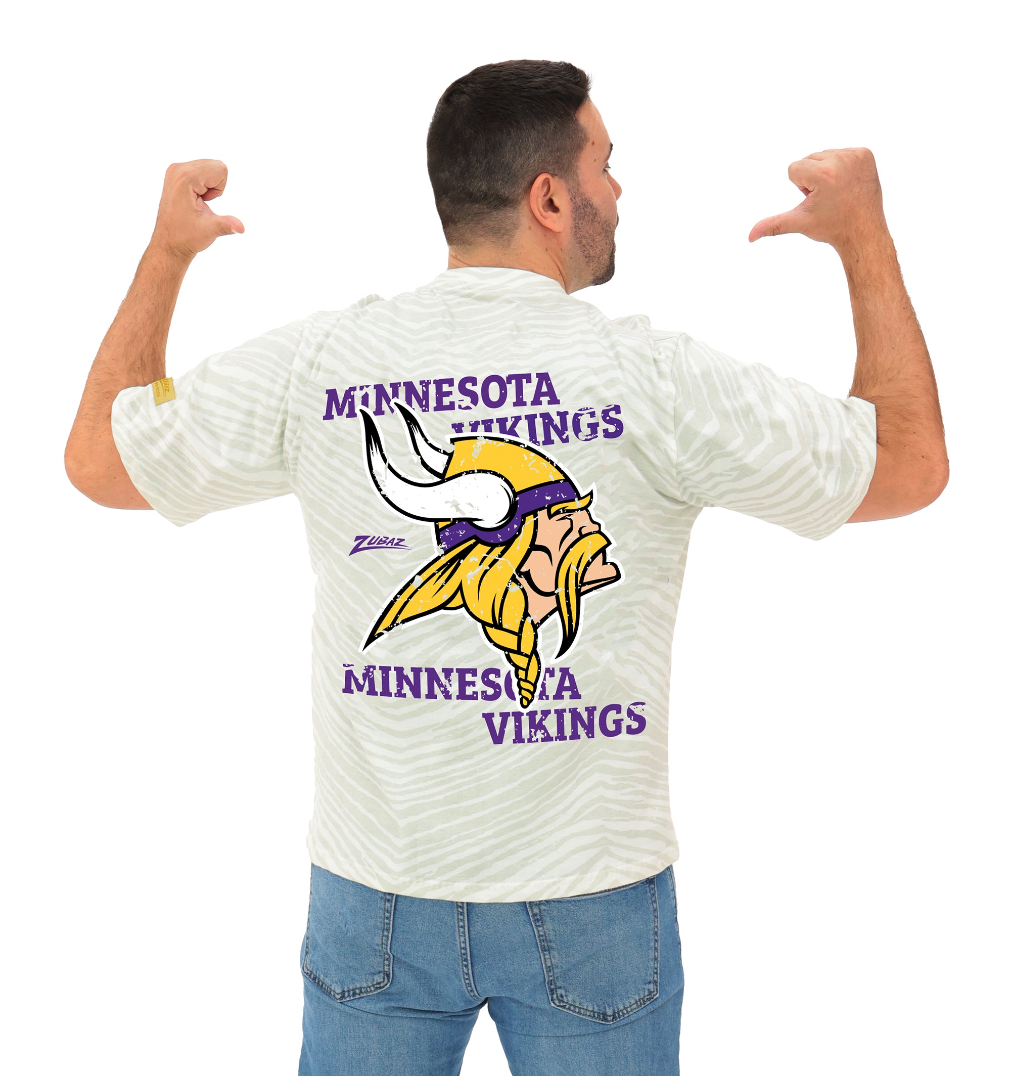 Zubaz NFL Unisex Adult Vintage 90s Full Back Zebra 2 Color Tonal All Over Short Sleeve T-Shirt, Minnesota Vikings