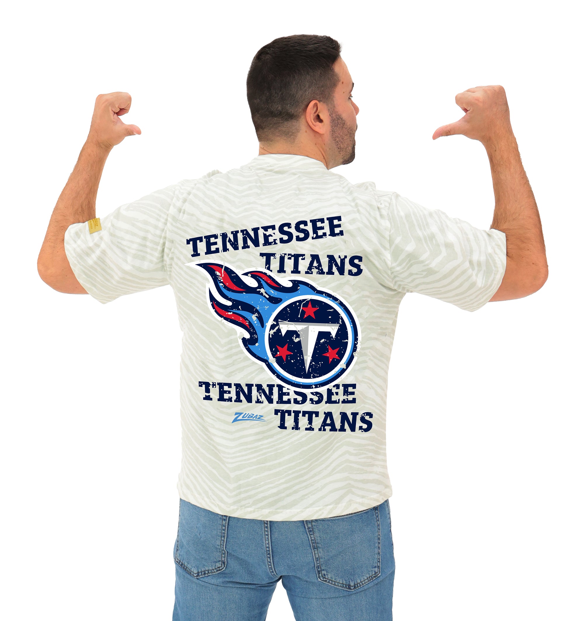 Zubaz NFL Unisex Adult Vintage 90s Full Back Zebra 2 Color Tonal All Over Short Sleeve T-Shirt, Tennessee Titans