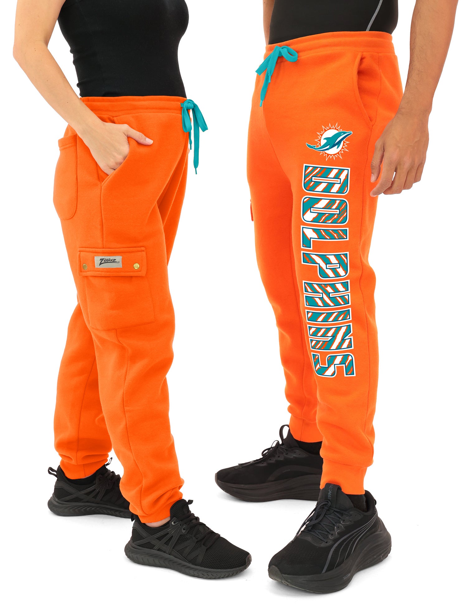 Zubaz NFL  UNISEX 90s Team Cargo Joggers ALT team color Upright logo Zebra 3 color with Team name and Logo, MIAMI DOLPHINS