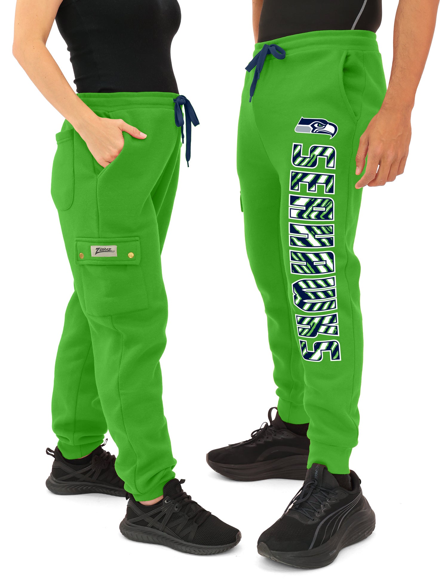 Zubaz NFL  90s Team Cargo Joggers ALT team color Upright logo Zebra 3 color with Team name and Logo, SEATTLE SEAHAWKS