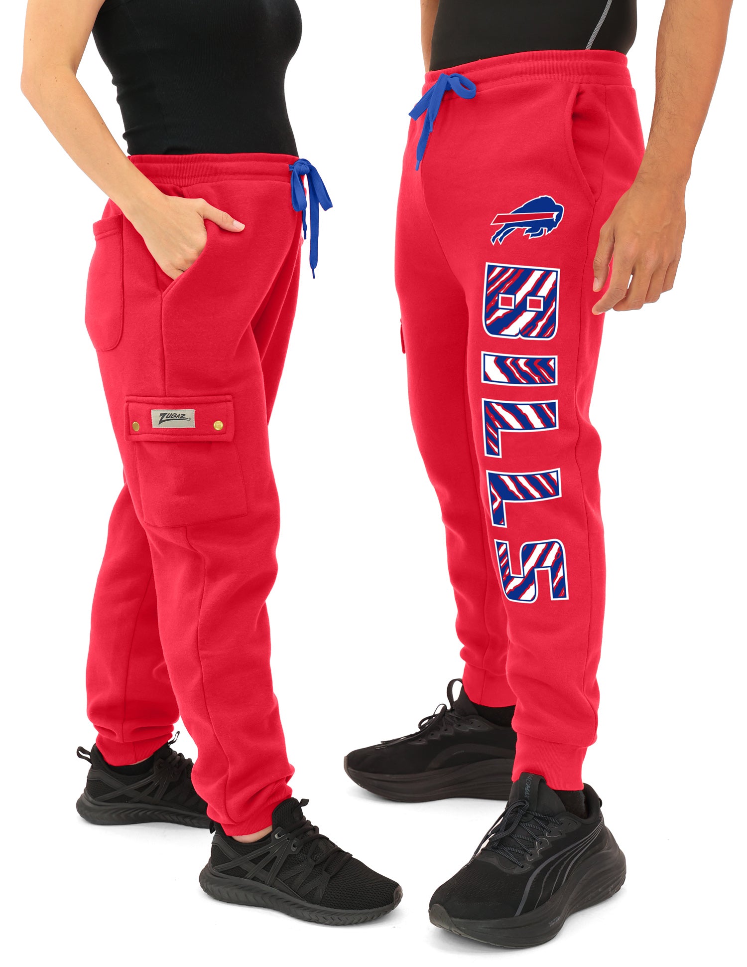 Zubaz NFL  UNISEX 90s Team Cargo Joggers ALT team color Upright logo Zebra 3 color with Team name and Logo, BUFFALO BILLS