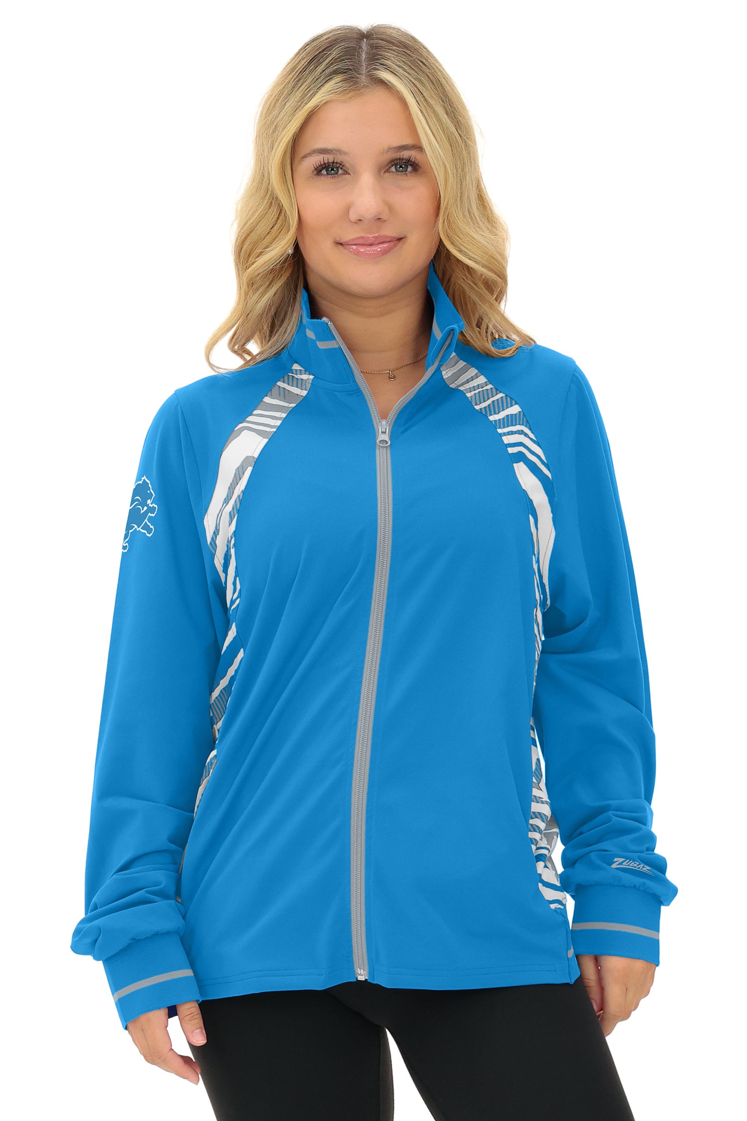 Zubaz NFL  Women's Elevated Zebra Ombre Mock Track Full Zip Top, DETROIT LIONS