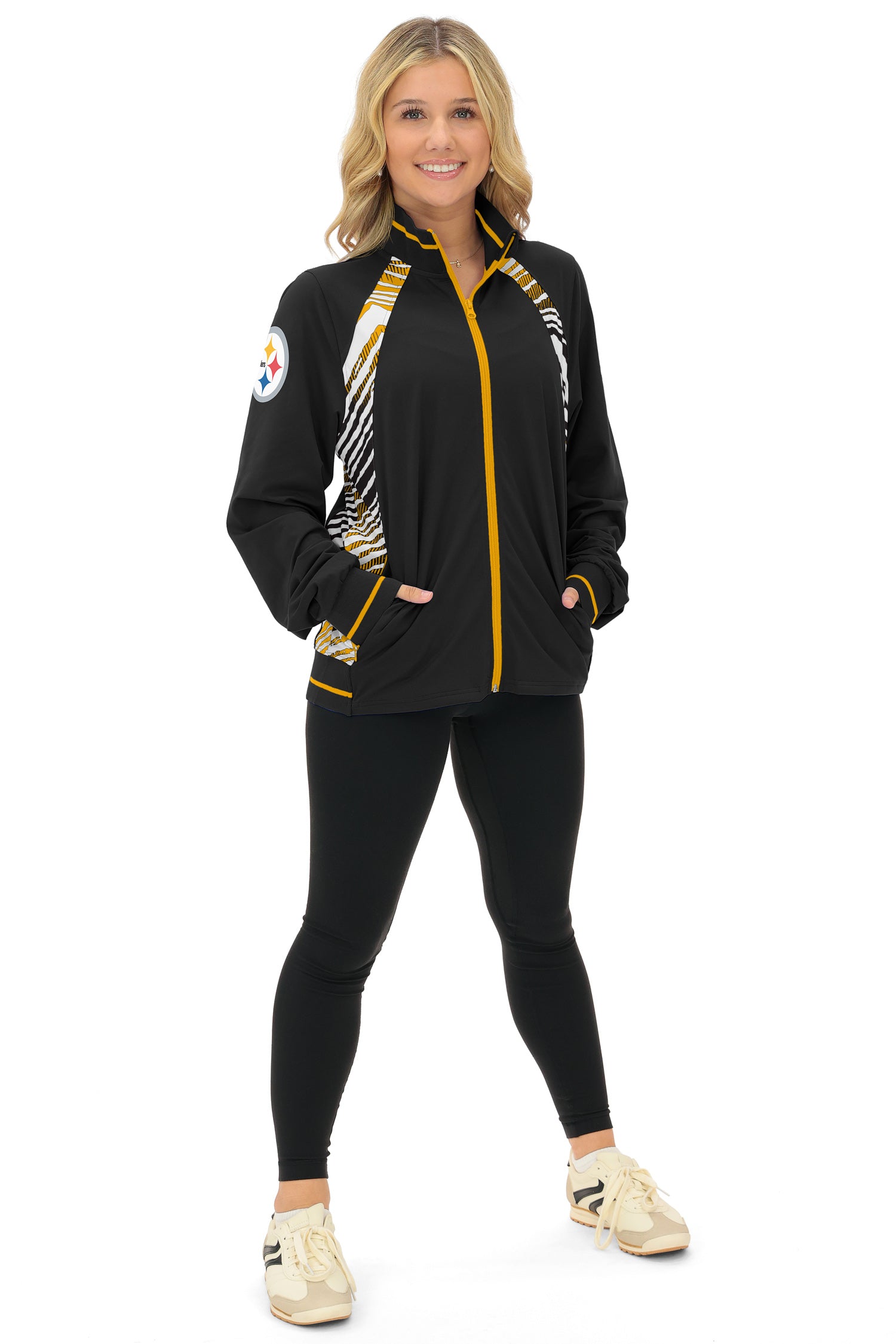 Zubaz NFL  Women's Elevated Zebra Ombre Mock Track Full Zip Top, PITTSBURGH STEELERS