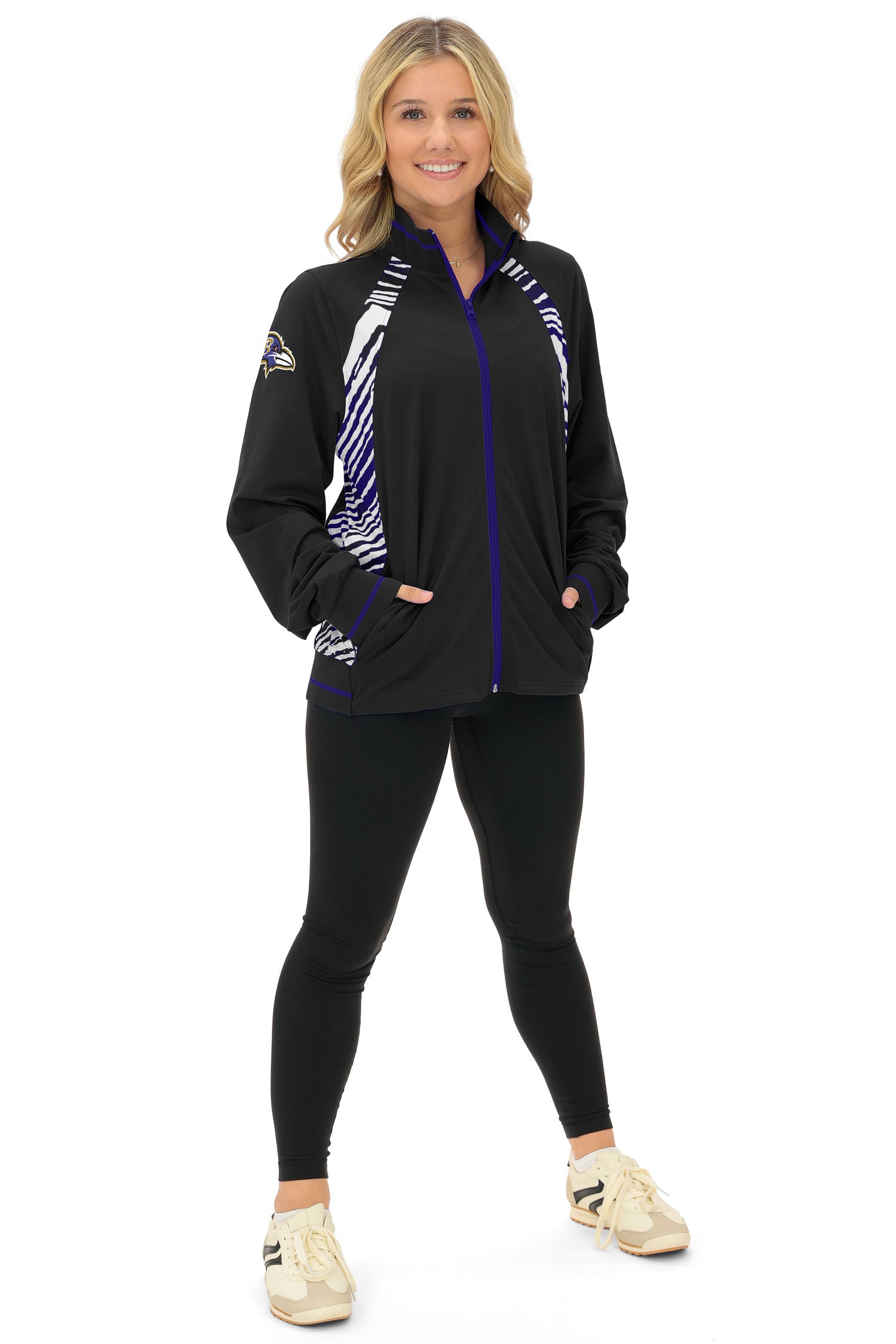 Zubaz NFL  Women's Elevated Zebra Ombre Mock Track Full Zip Top, BALTIMORE RAVENS