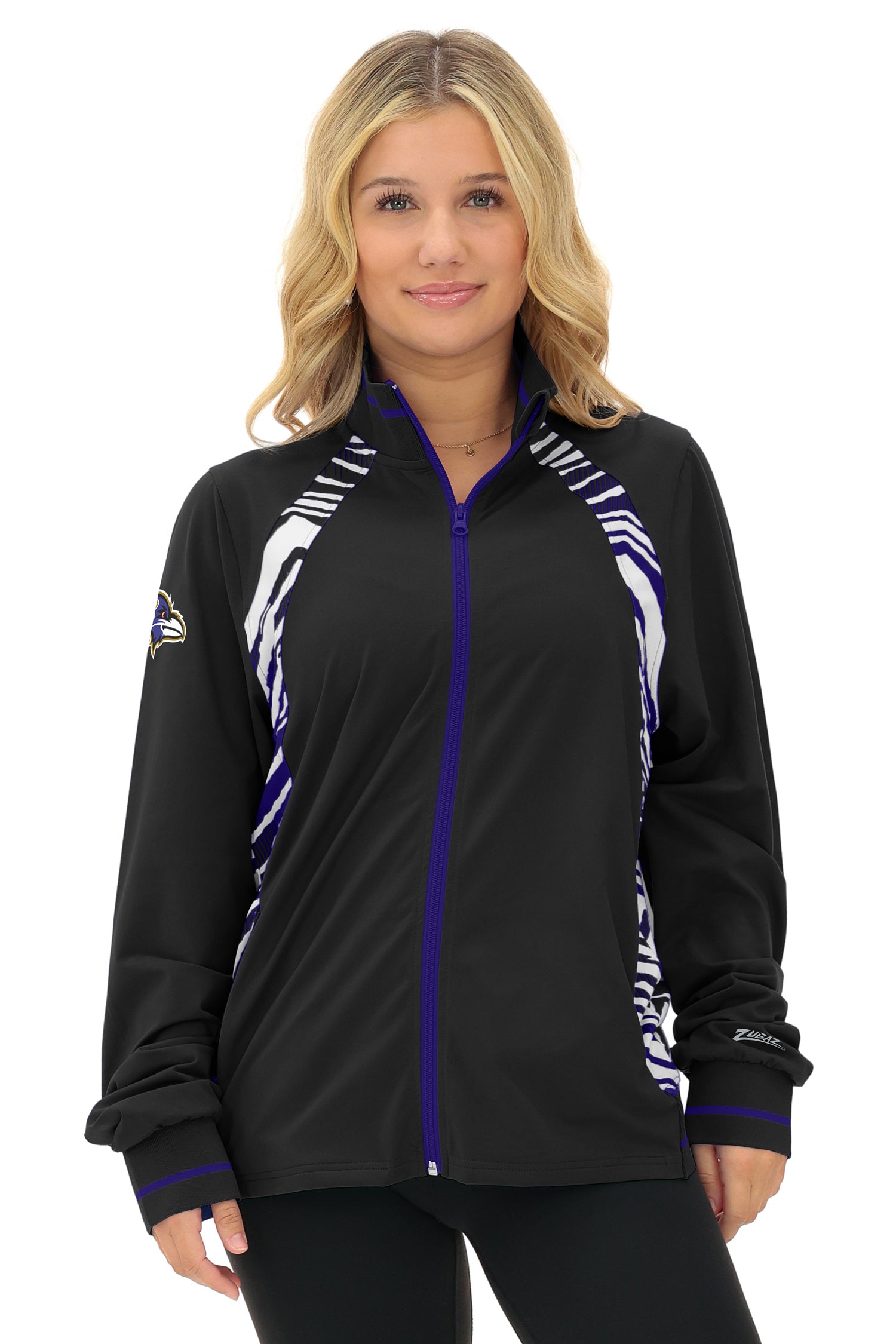 Zubaz NFL  Women's Elevated Zebra Ombre Mock Track Full Zip Top, BALTIMORE RAVENS