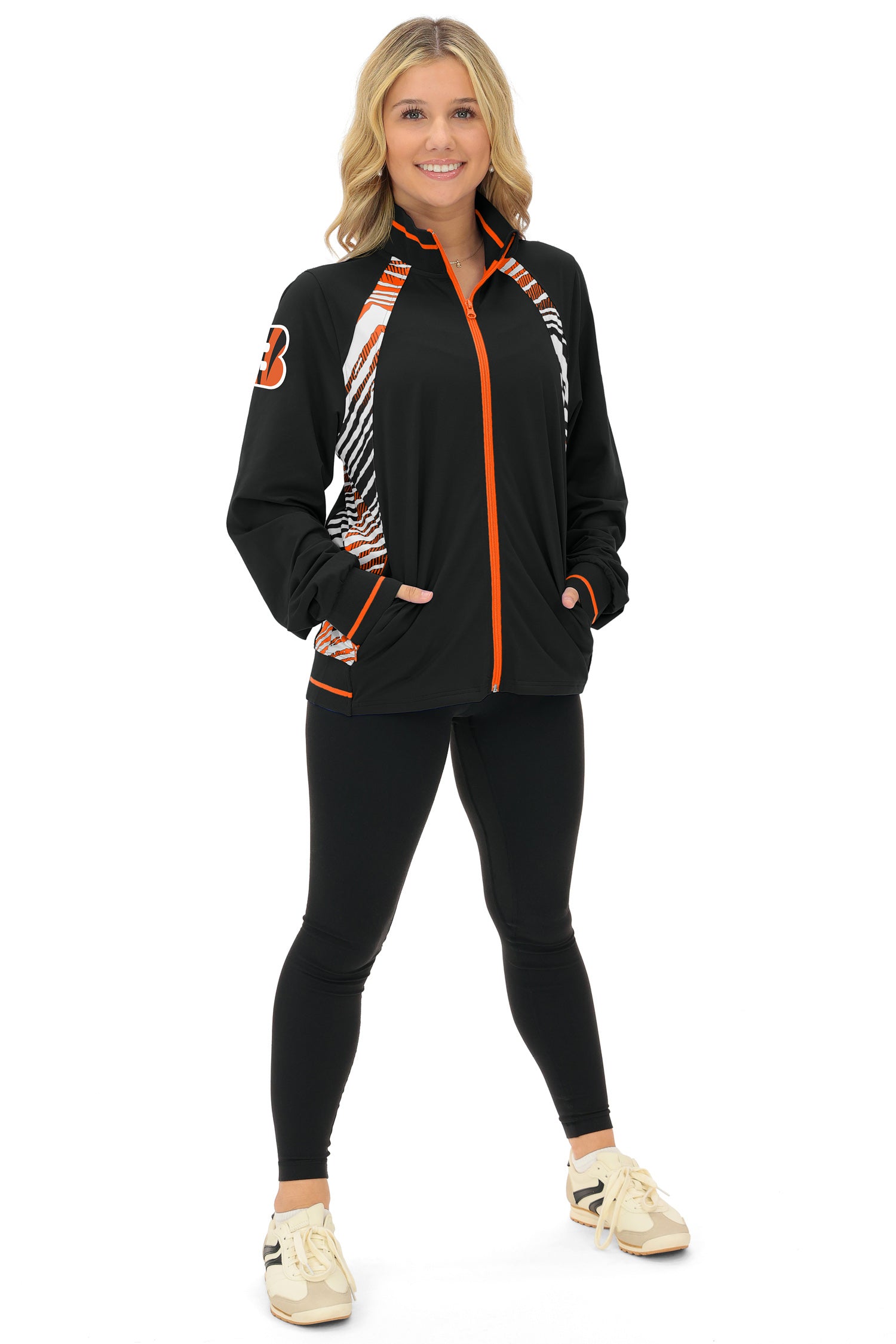 Zubaz NFL  Women's Elevated Zebra Ombre Mock Track Full Zip Top, CINCINNATI BENGALS