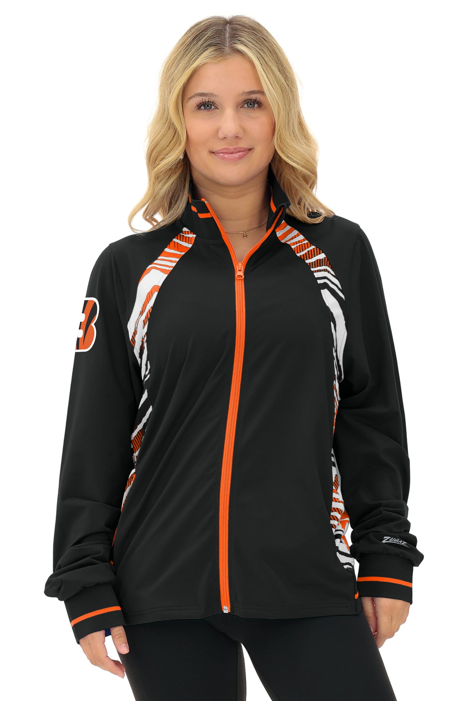 Zubaz NFL  Women's Elevated Zebra Ombre Mock Track Full Zip Top, CINCINNATI BENGALS
