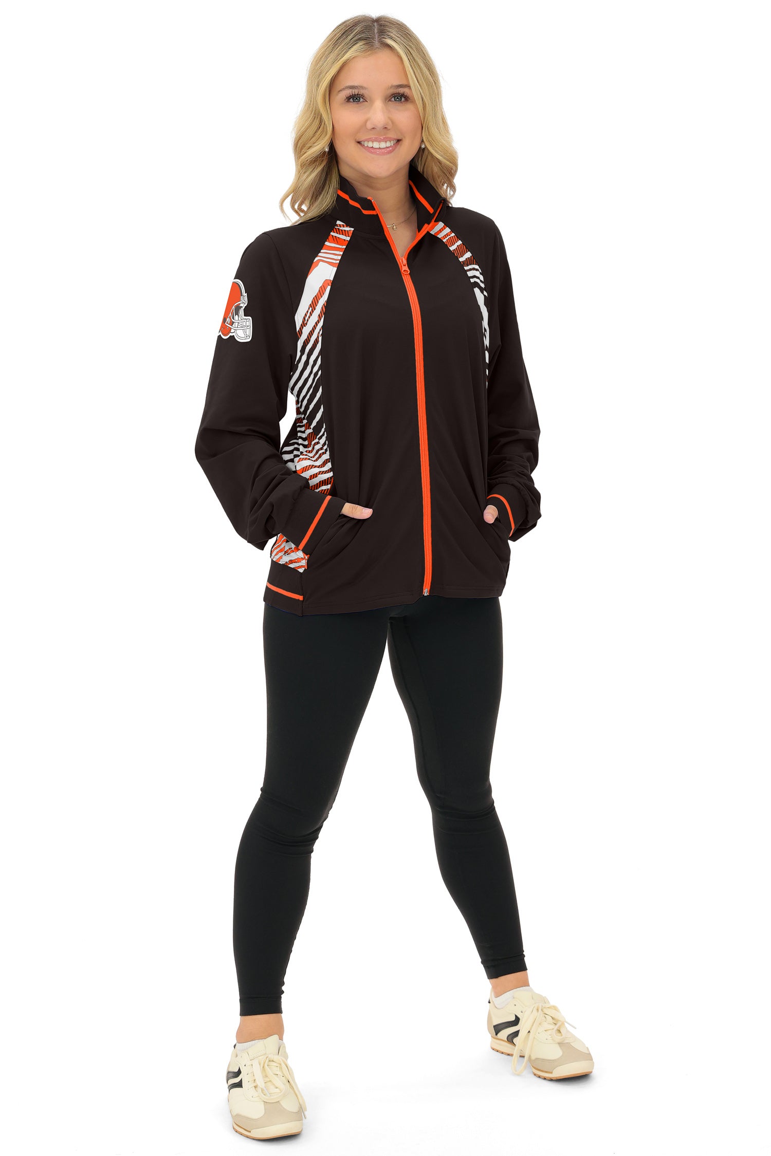 Zubaz NFL  Women's Elevated Zebra Ombre Mock Track Full Zip Top, CLEVELAND BROWNS