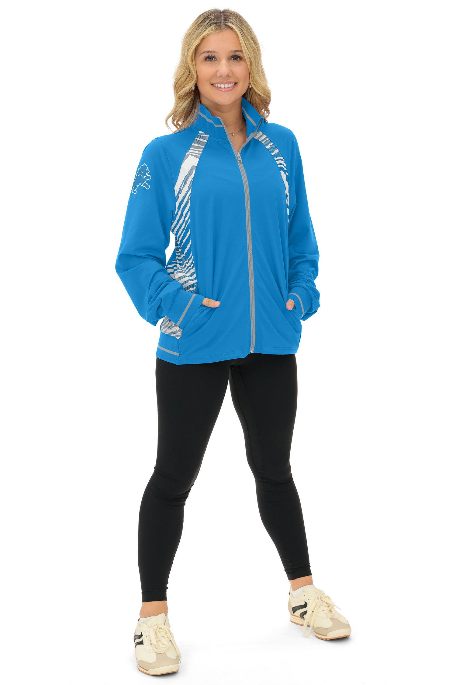 Zubaz NFL  Women's Elevated Zebra Ombre Mock Track Full Zip Top, DETROIT LIONS