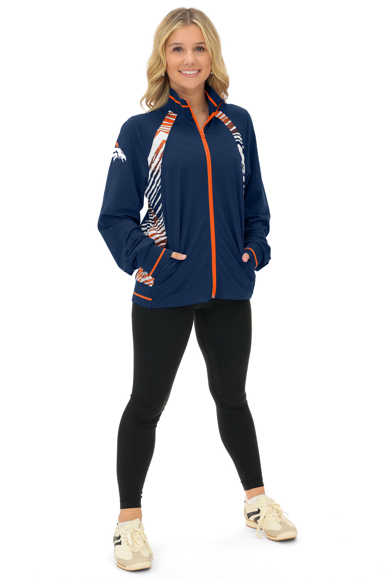 Zubaz NFL  Women's Elevated Zebra Ombre Mock Track Full Zip Top, DENVER BRONCOS