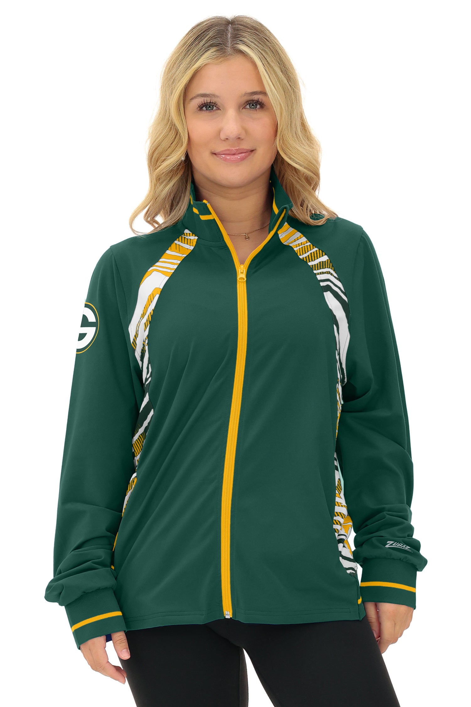 Zubaz NFL  Women's Elevated Zebra Ombre Mock Track Full Zip Top, GREEN BAY PACKERS